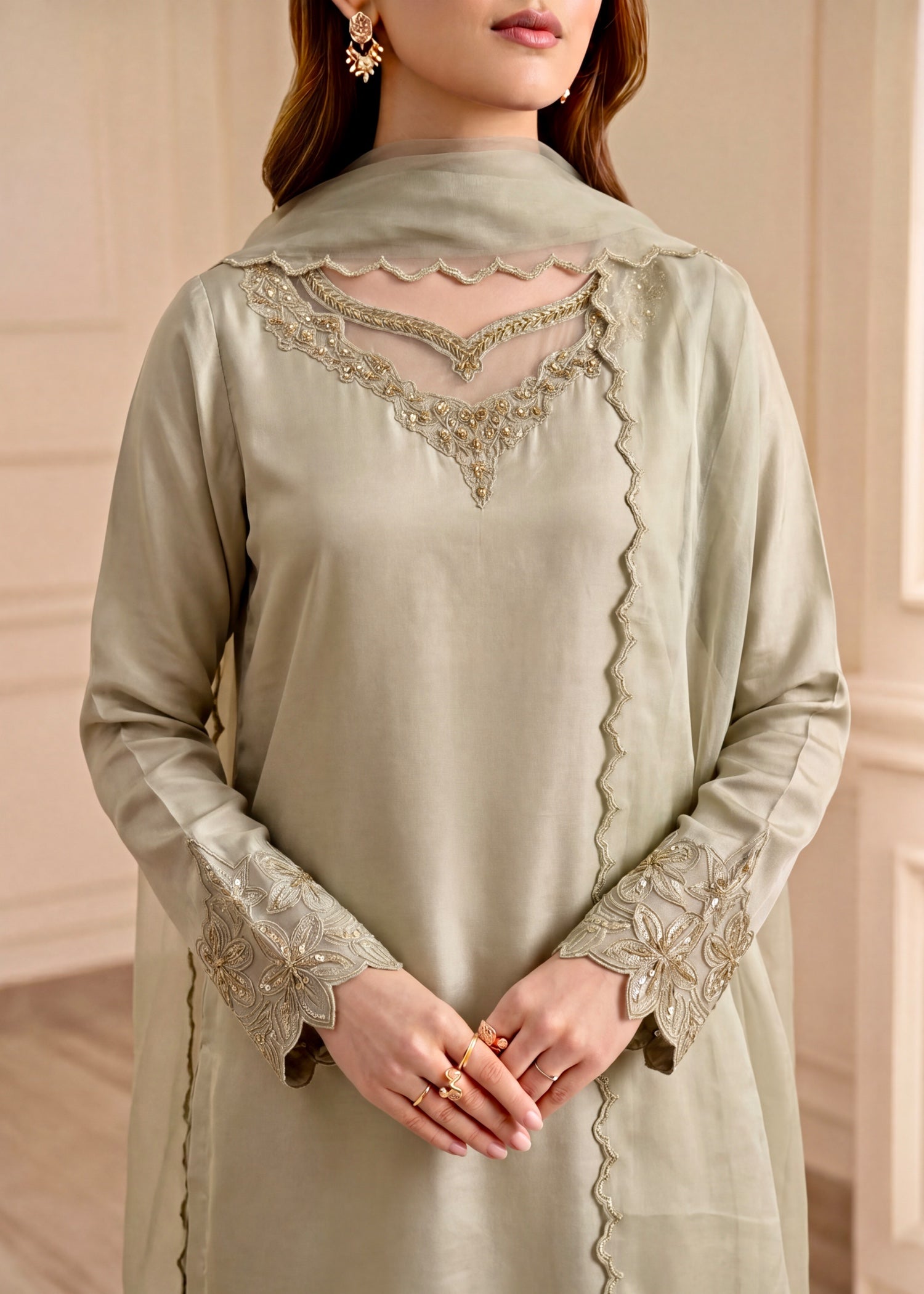 silk Gharara in Sage green