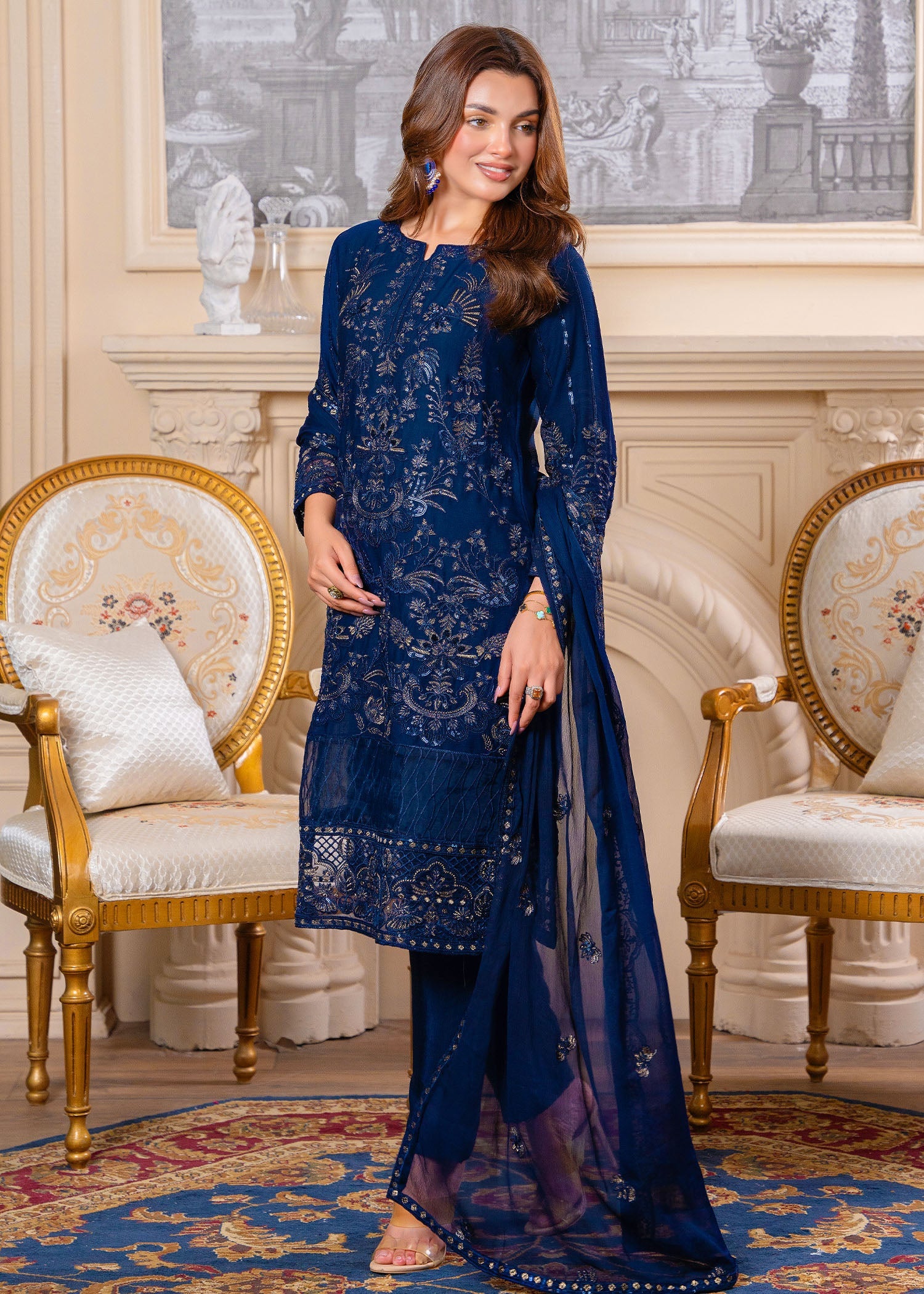 crinkle Kurta Set in Navy blue