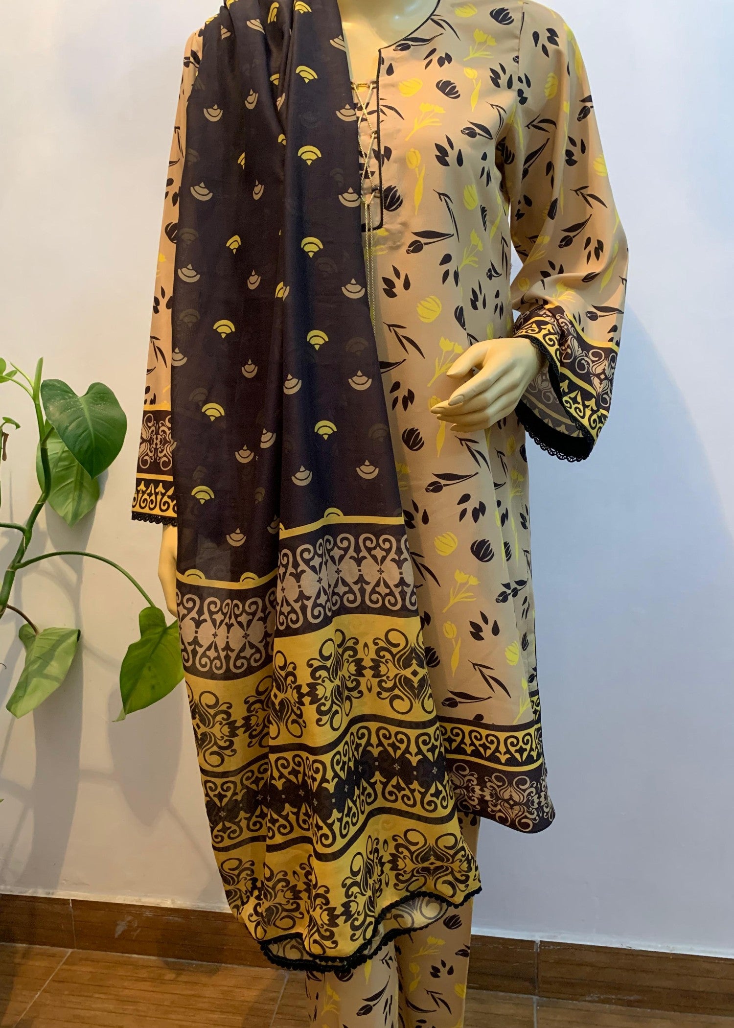 silk finish lawn Unstitched in Black, gold, mustard