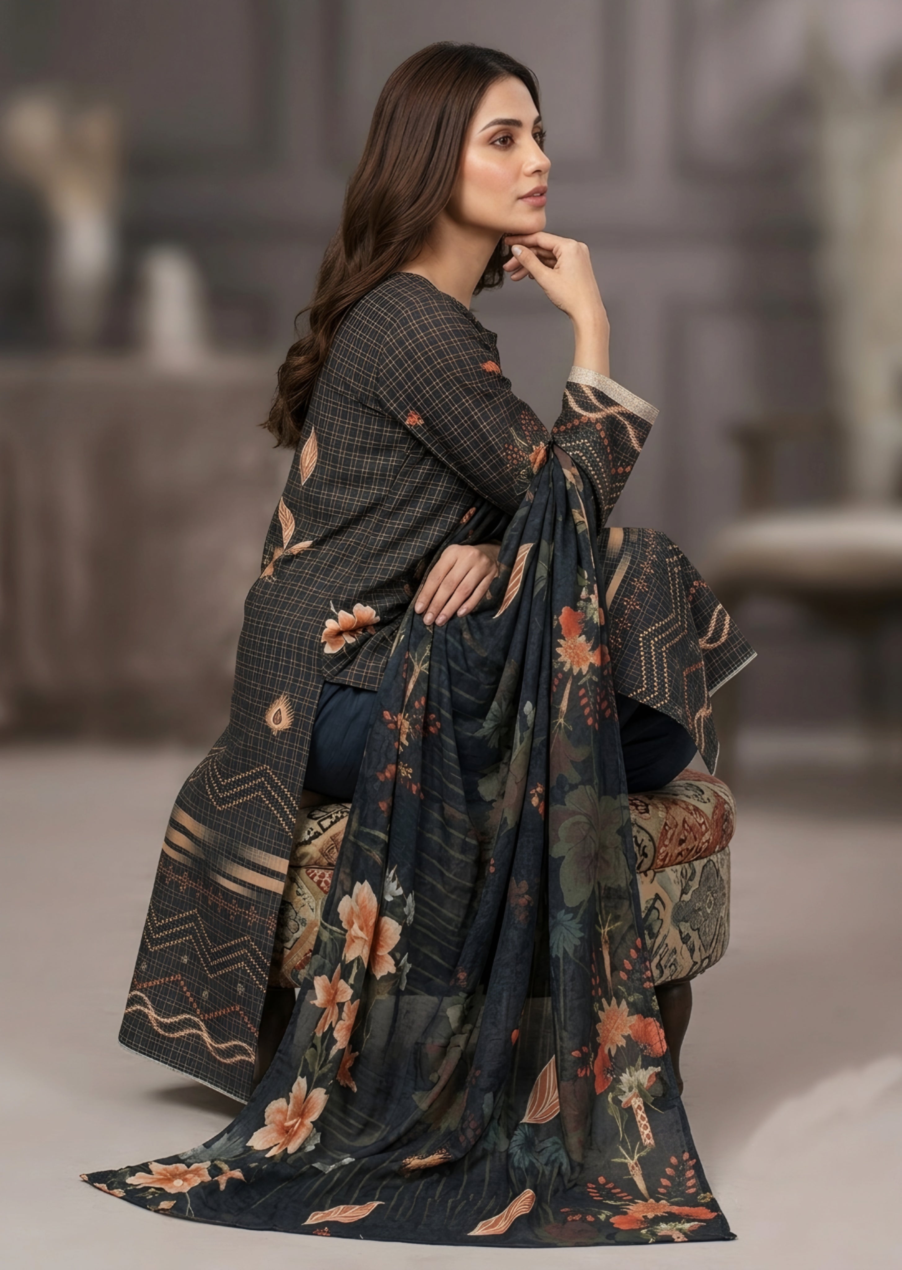 khaddar Unstitched in Charcoal black