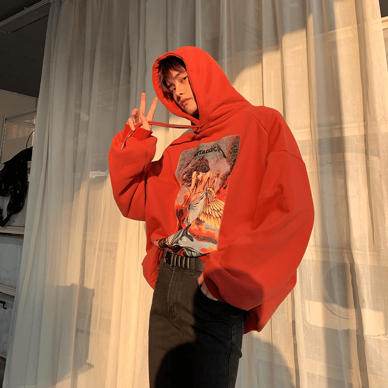 Hooded Hoodie Men'S Loose Plush Jet Offset Print Pullover Hoodie