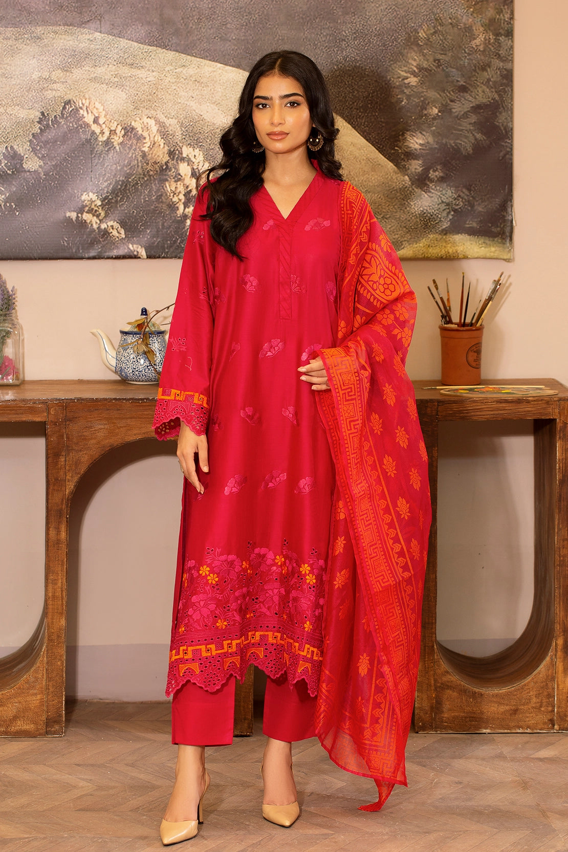 zari lawn Unstitched in Red