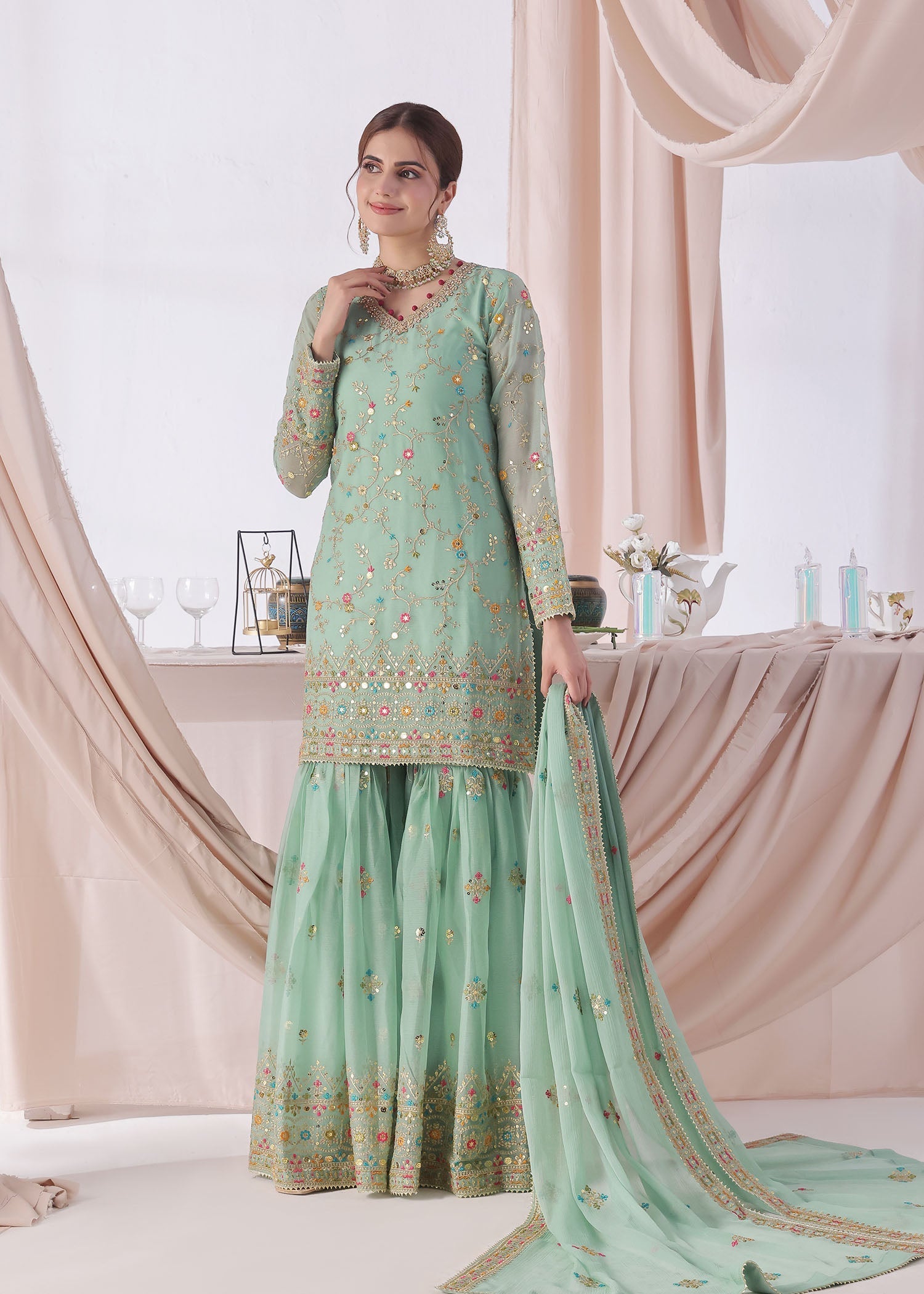 chiffon Gharara in Aquamarine