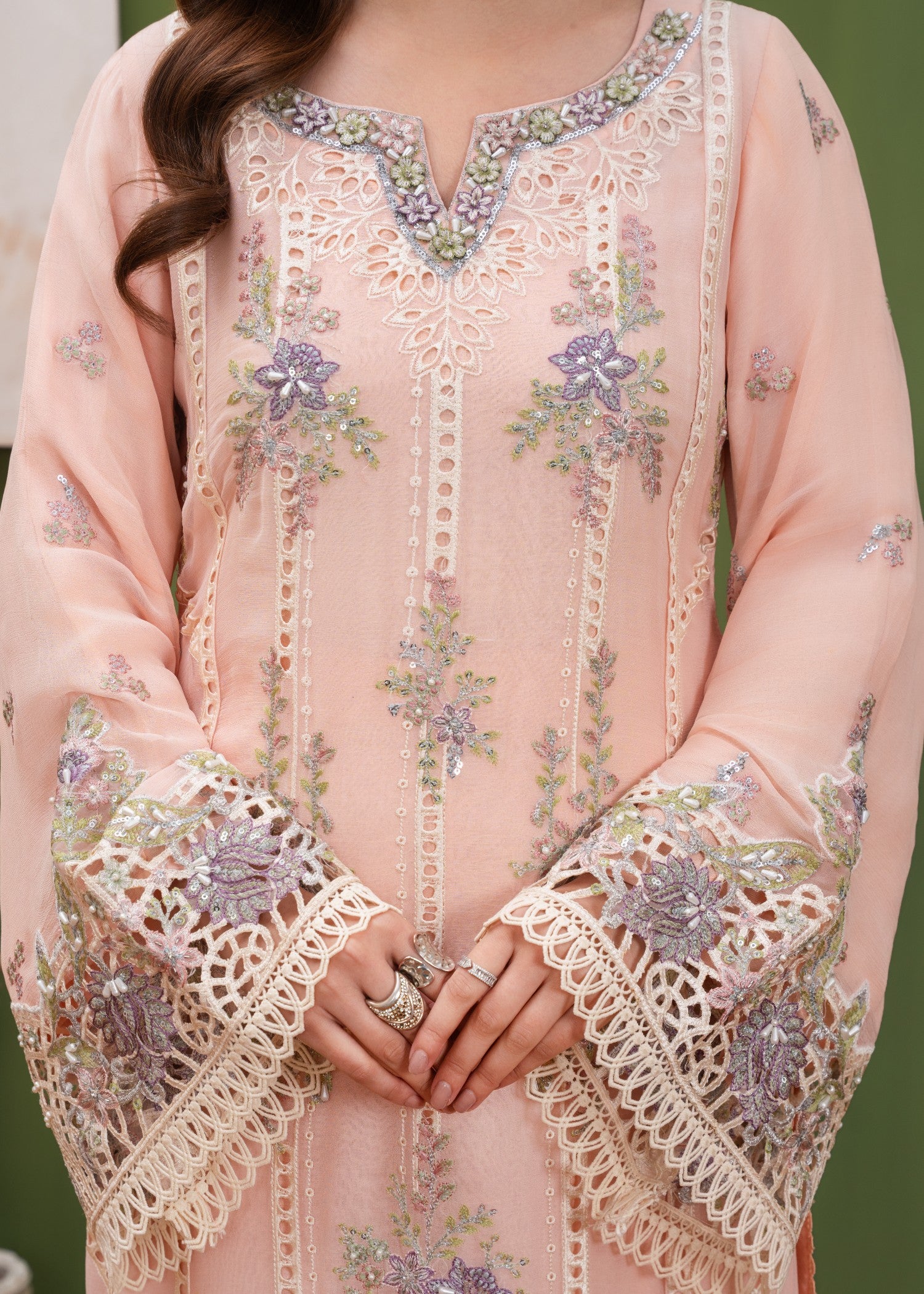 crinkle chiffon Kurta Set in Peach pink
