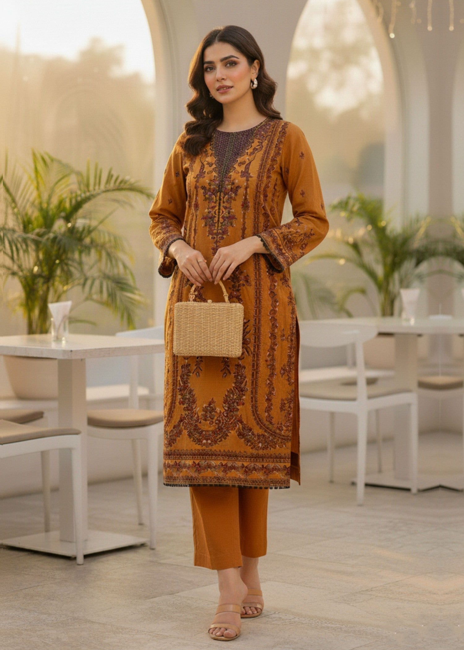 khaddar Kurta Set in Sand brown