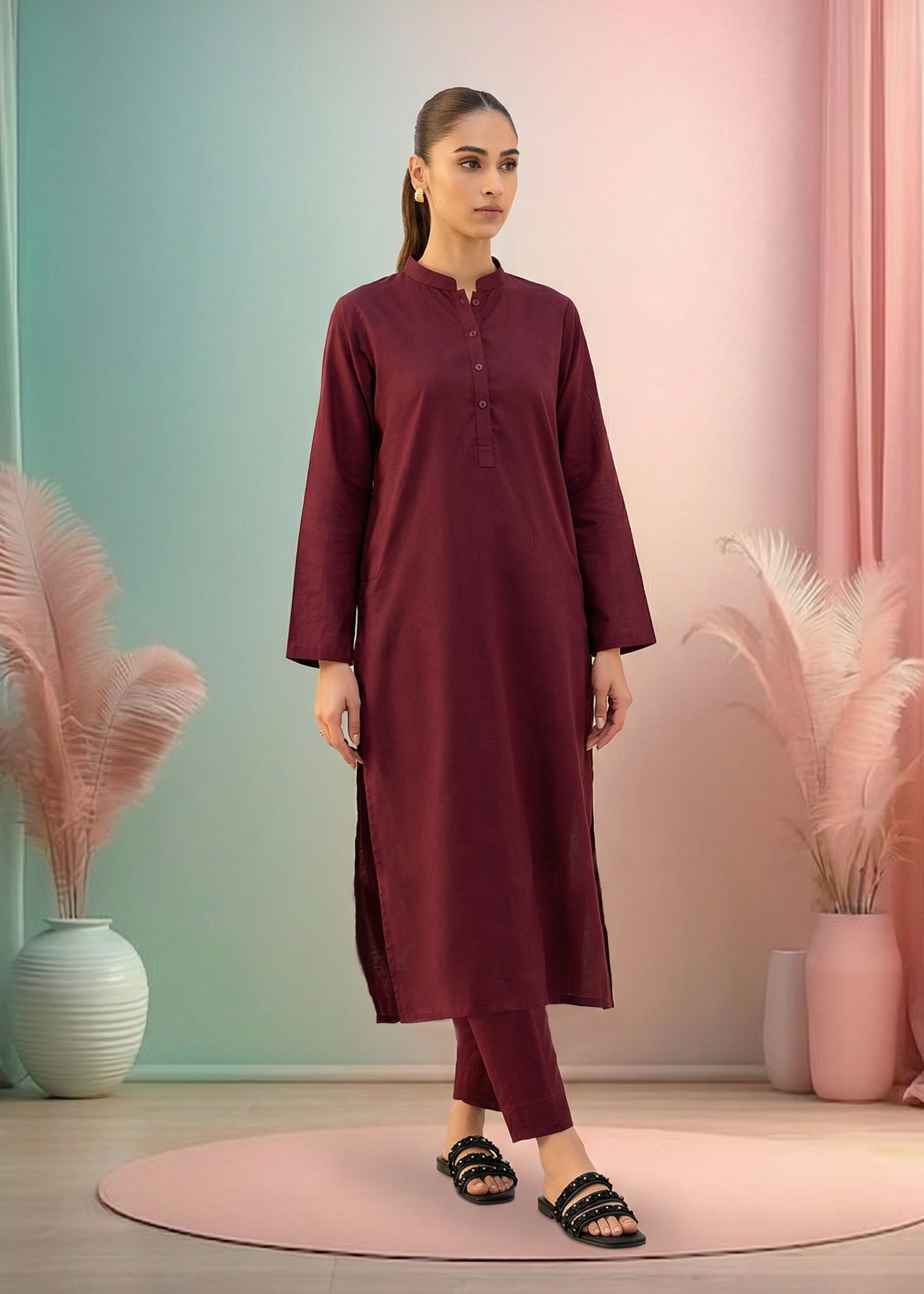 slub lawn Kurta Set in Red