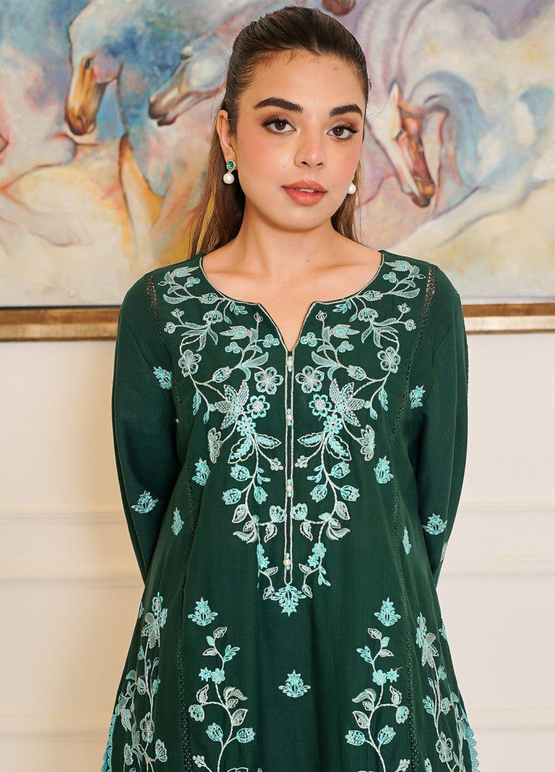 fine khaddar Unstitched in Forest green