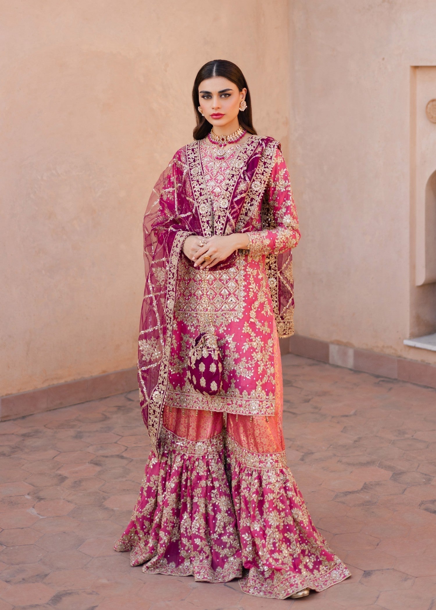 chiffon Gharara in Coral pink