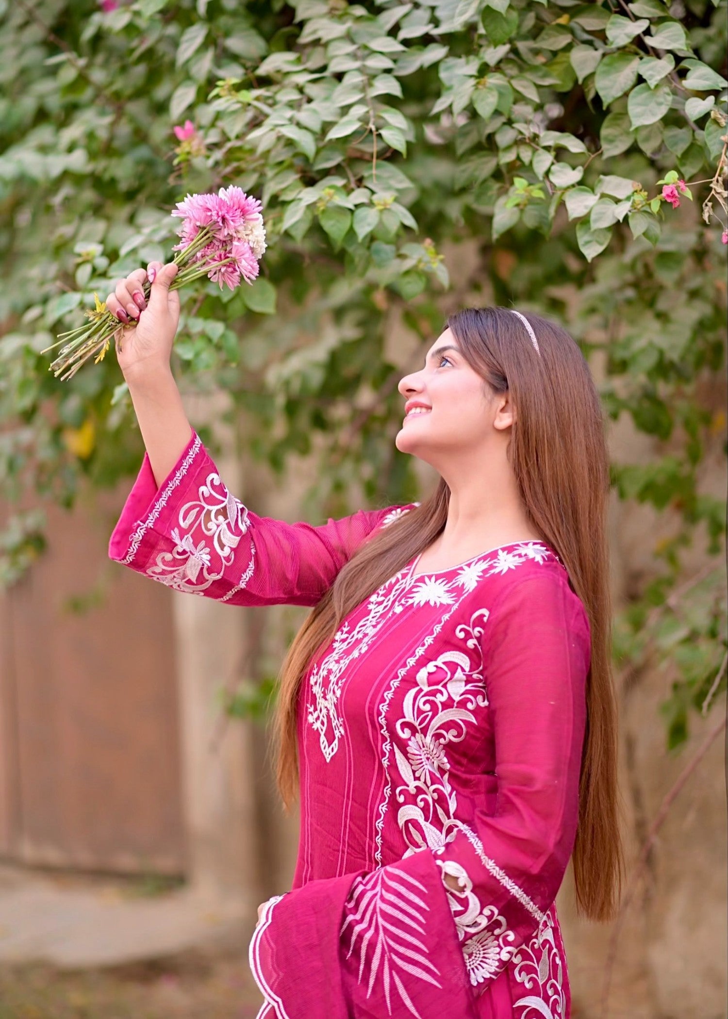 khaddi net Kurta Set in Hot pink