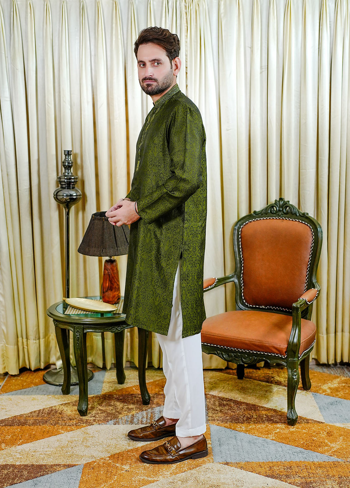 traditional jamawar Kurta in Green