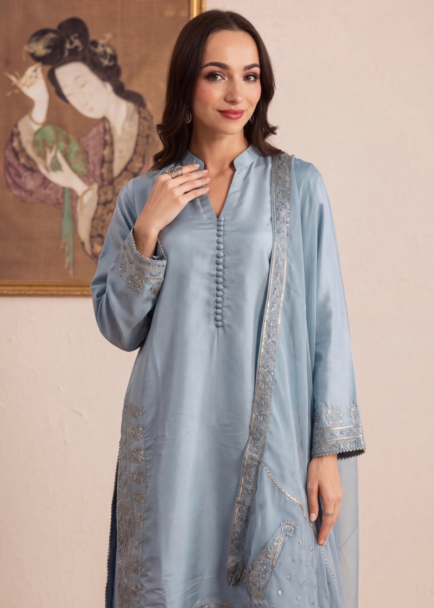 kattan silk Kurta Set in Ice blue