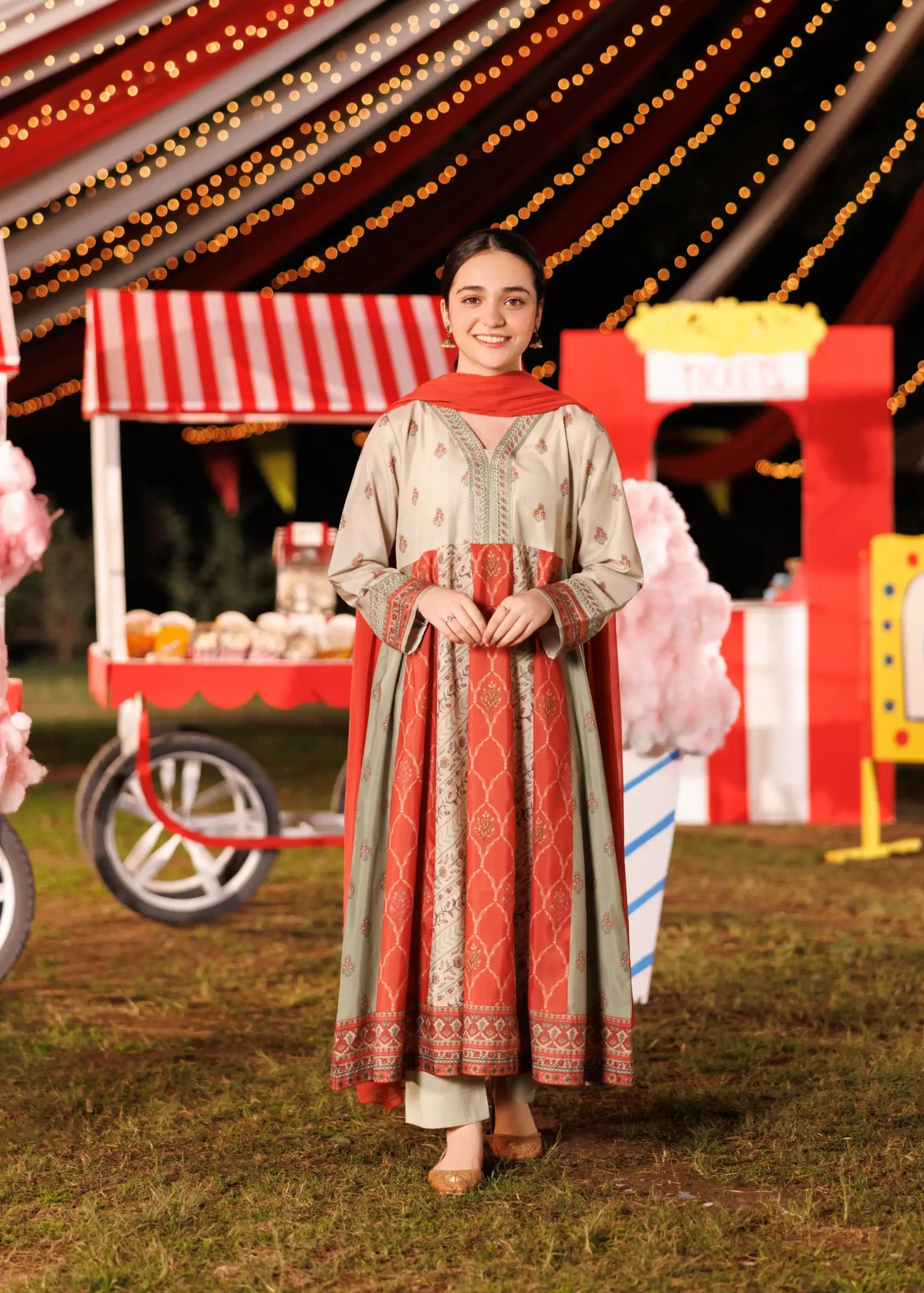 cotton Pishwas in Beige, pumpkin orange