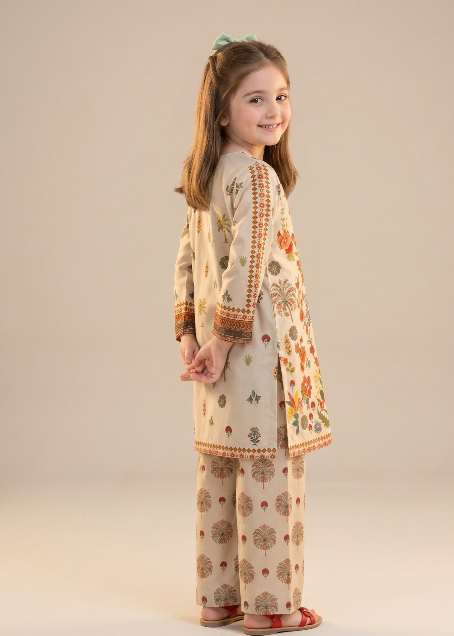 crepe polyester Kurta Set in Beige