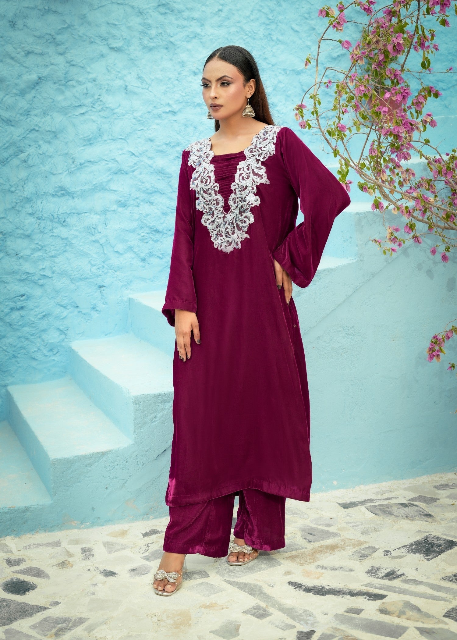 velvet Kurta Set in Plum
