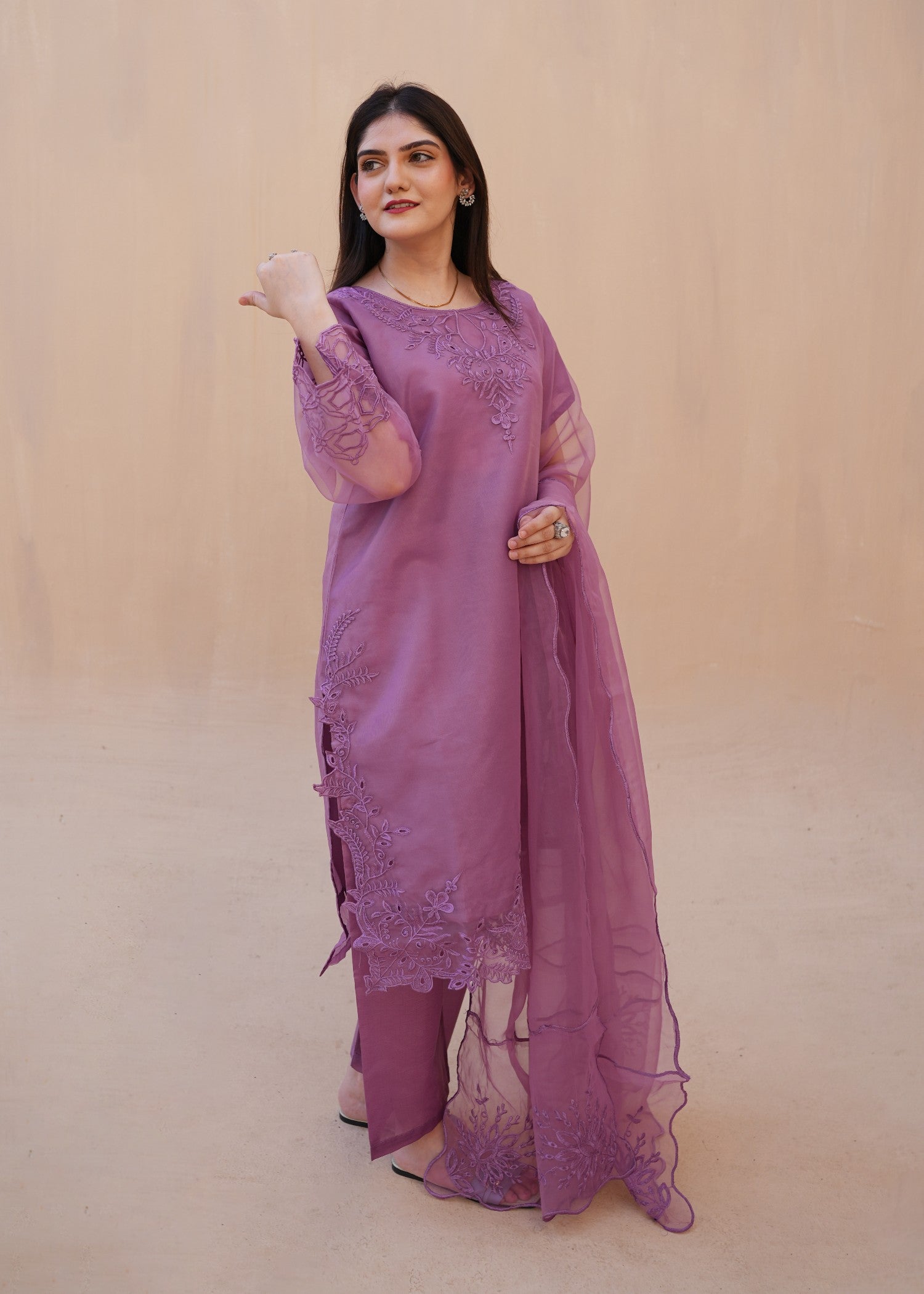 organza Kurta Set in Purple ash
