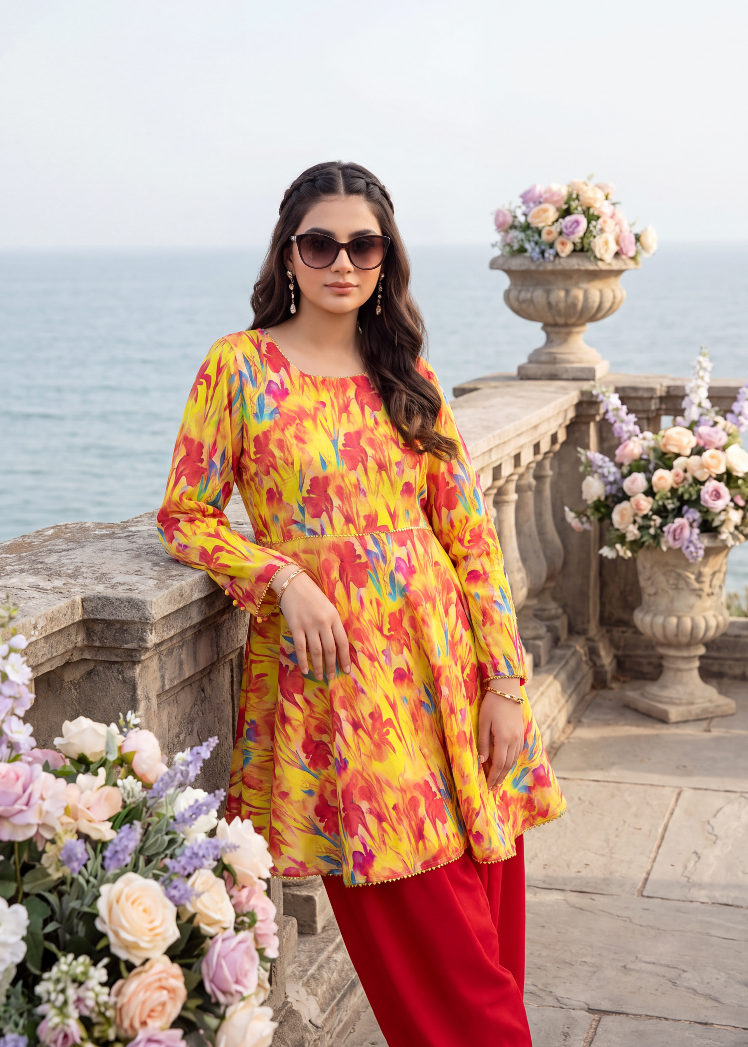 lawn Short Frock in Multi, sunflower, red