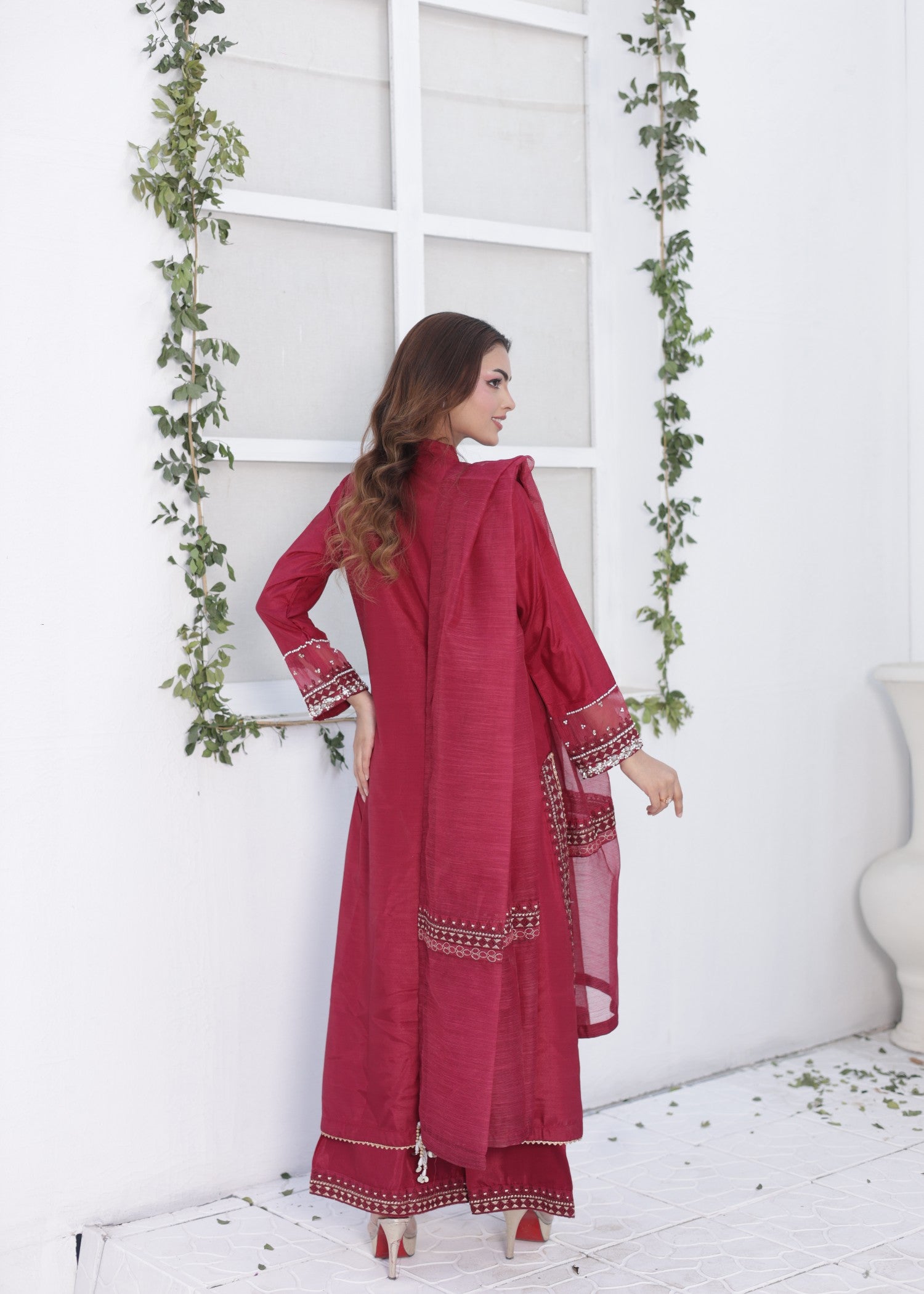 raw silk Kurta Set in Deep carmine
