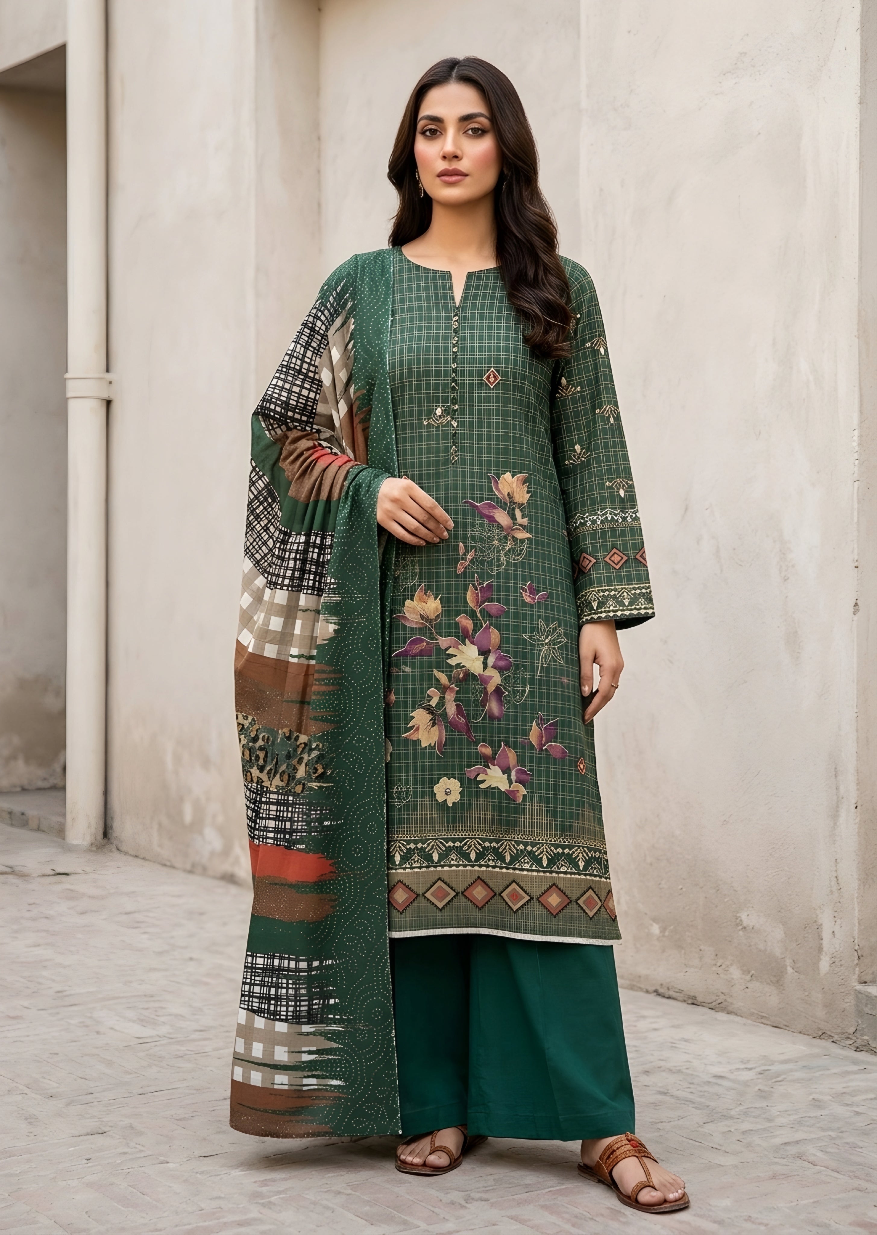 khaddar Unstitched in Bottle green