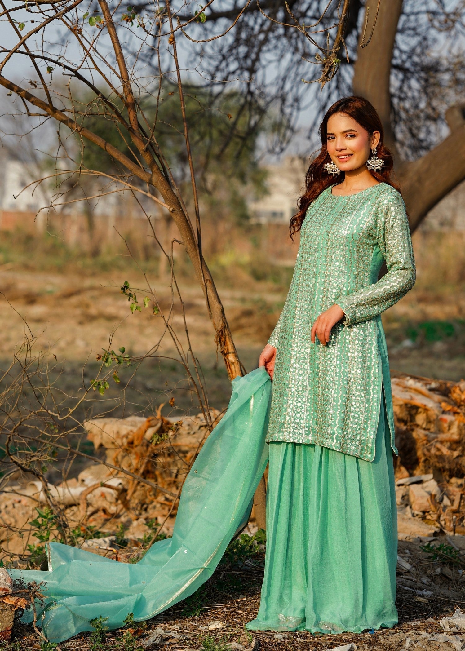 bemberg crinkle chiffon Sharara in Moss green