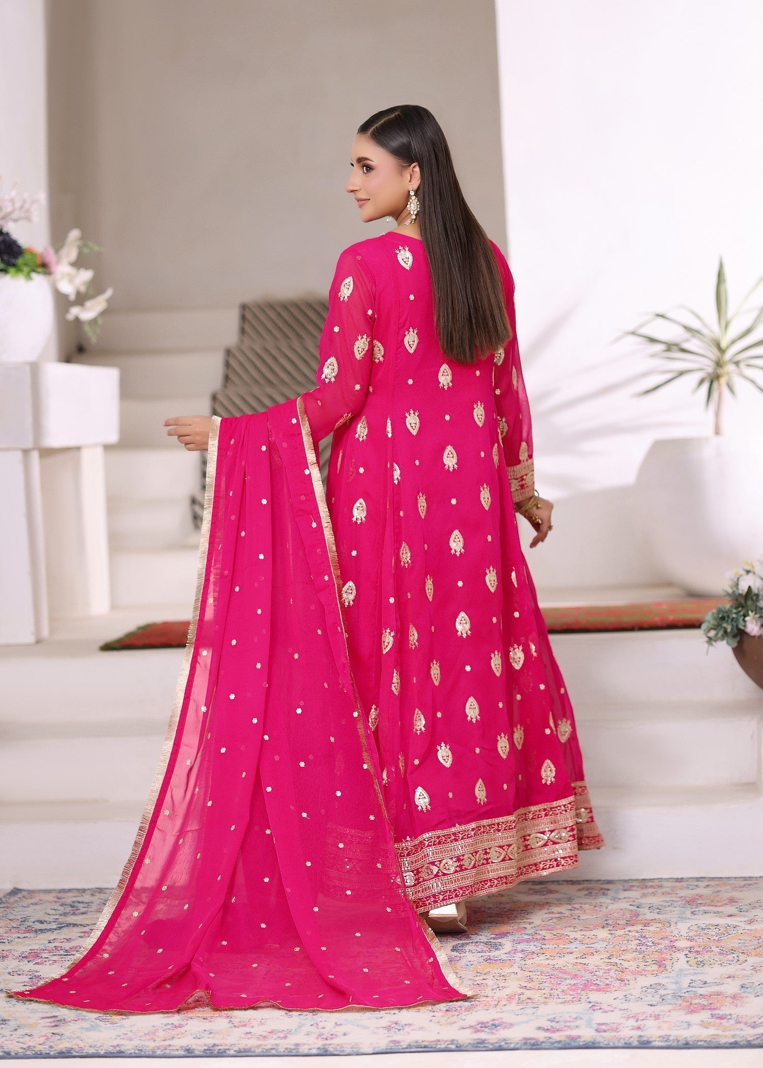 chiffon Pishwas in Vivid pink