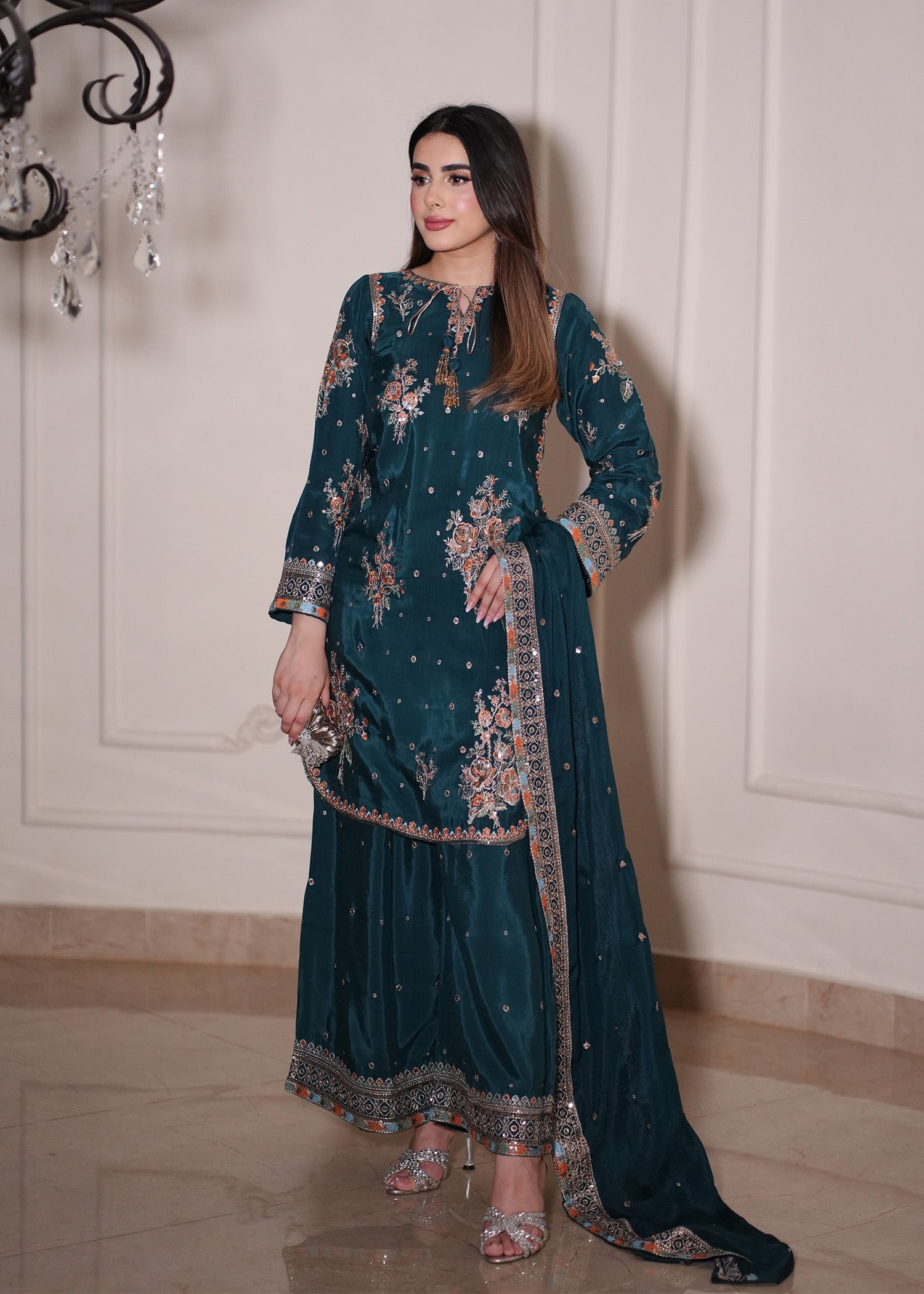 silk Kurta Set in Teal