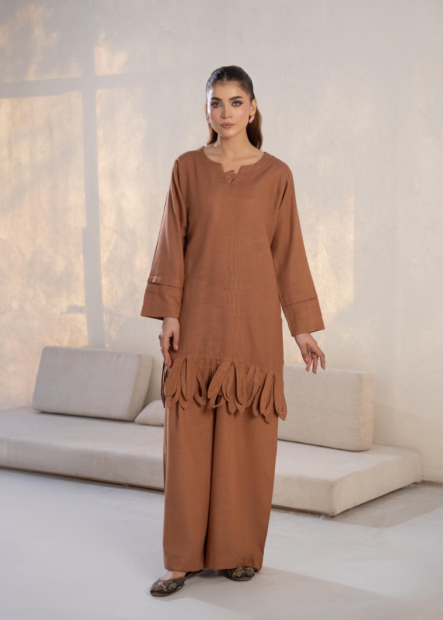 slub khaddar Kurta Set in Coffee brown