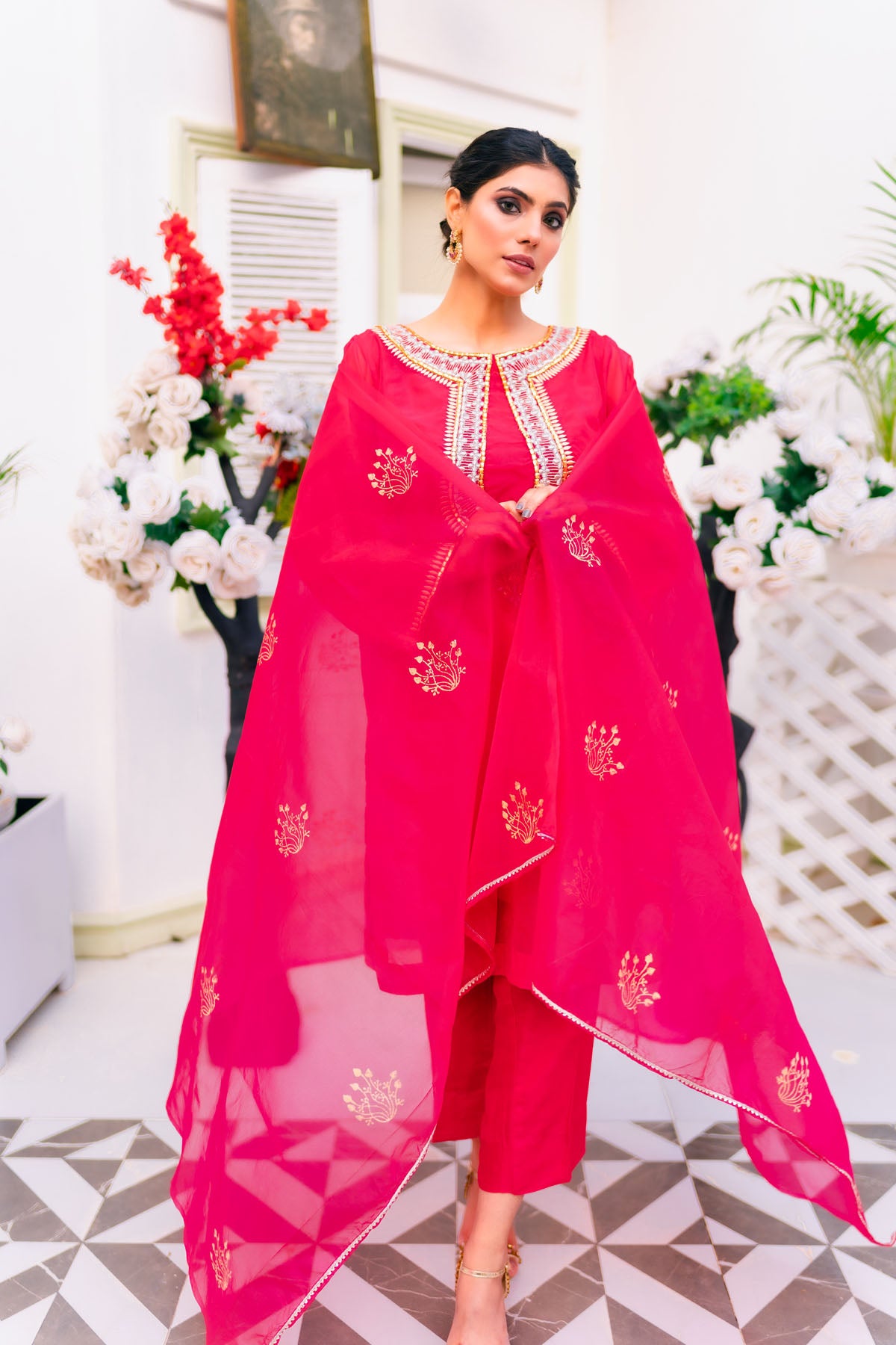 organza Kurta Set in Shocking pink