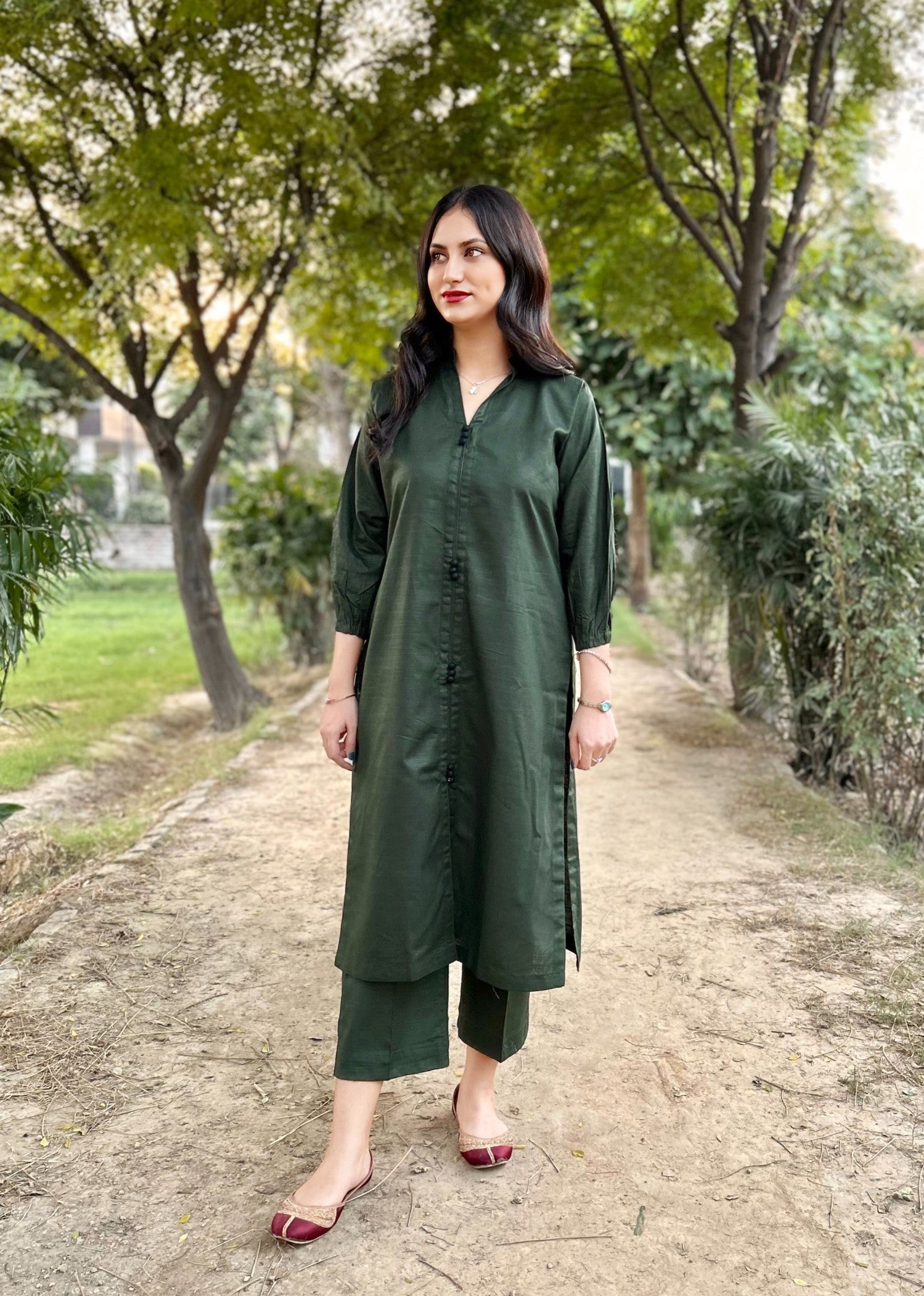 slub khaddar Co Ord Sets in Dark green
