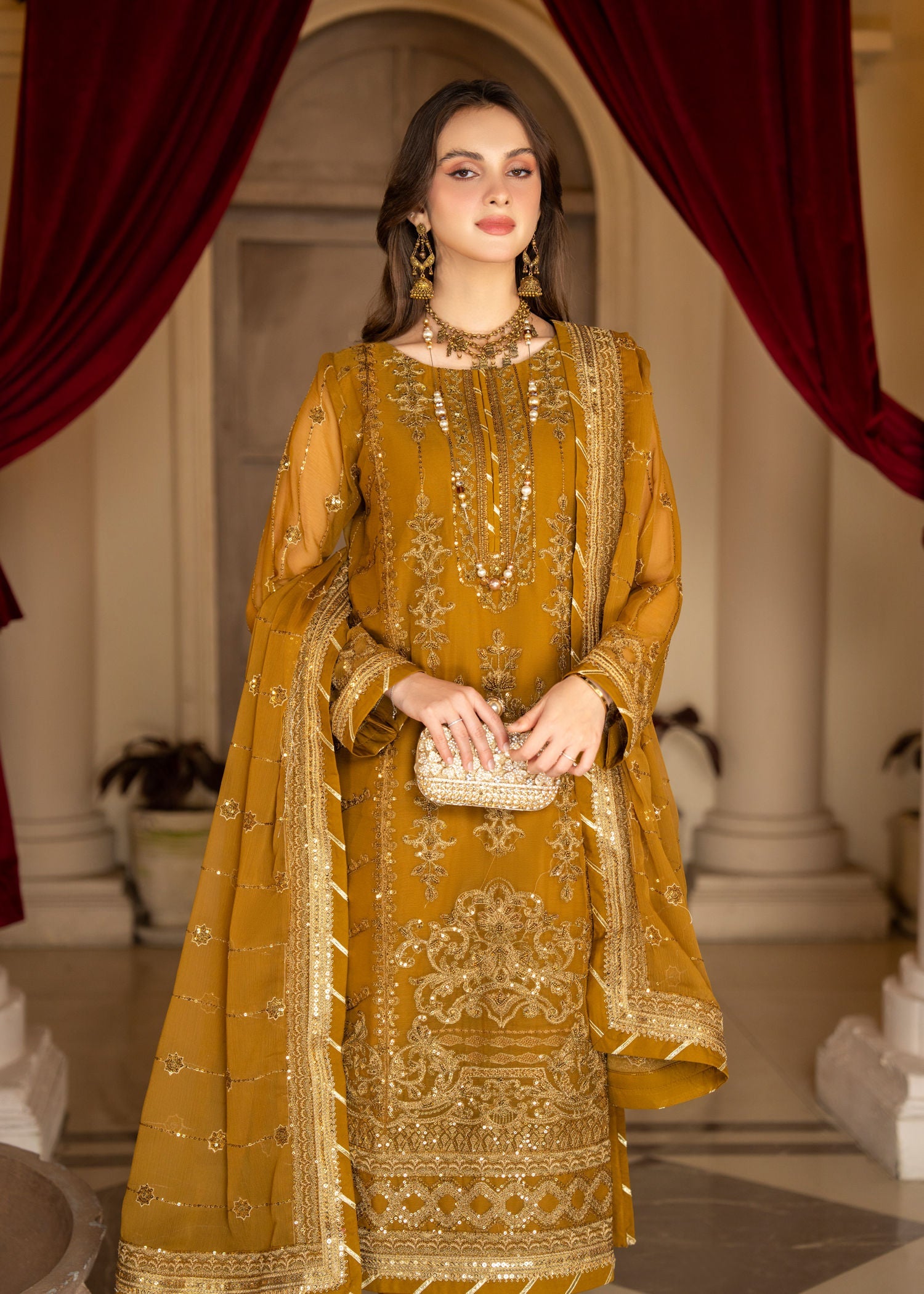chiffon Kurta Set in Mustard