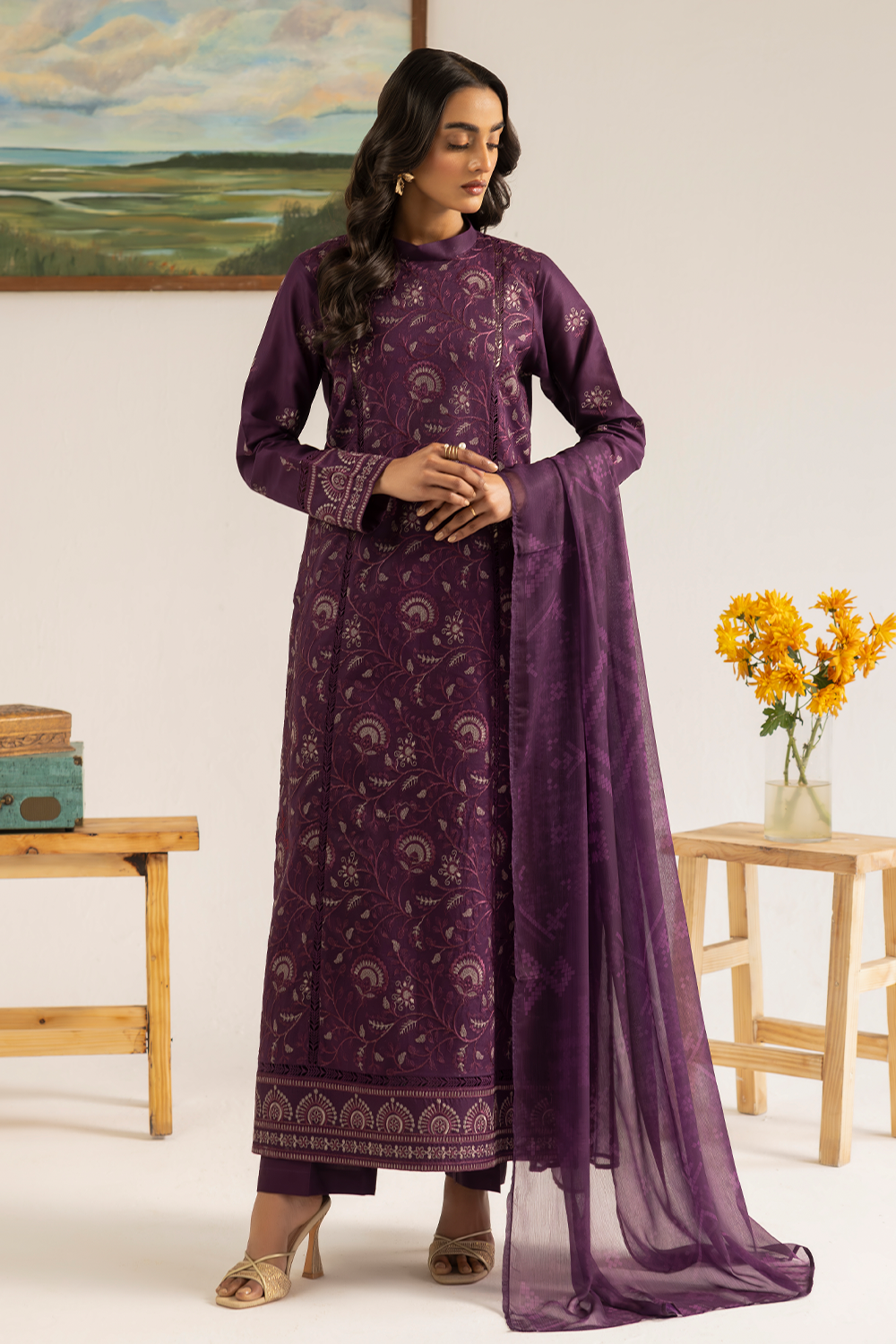 lawn Kurta Set in Plum purple