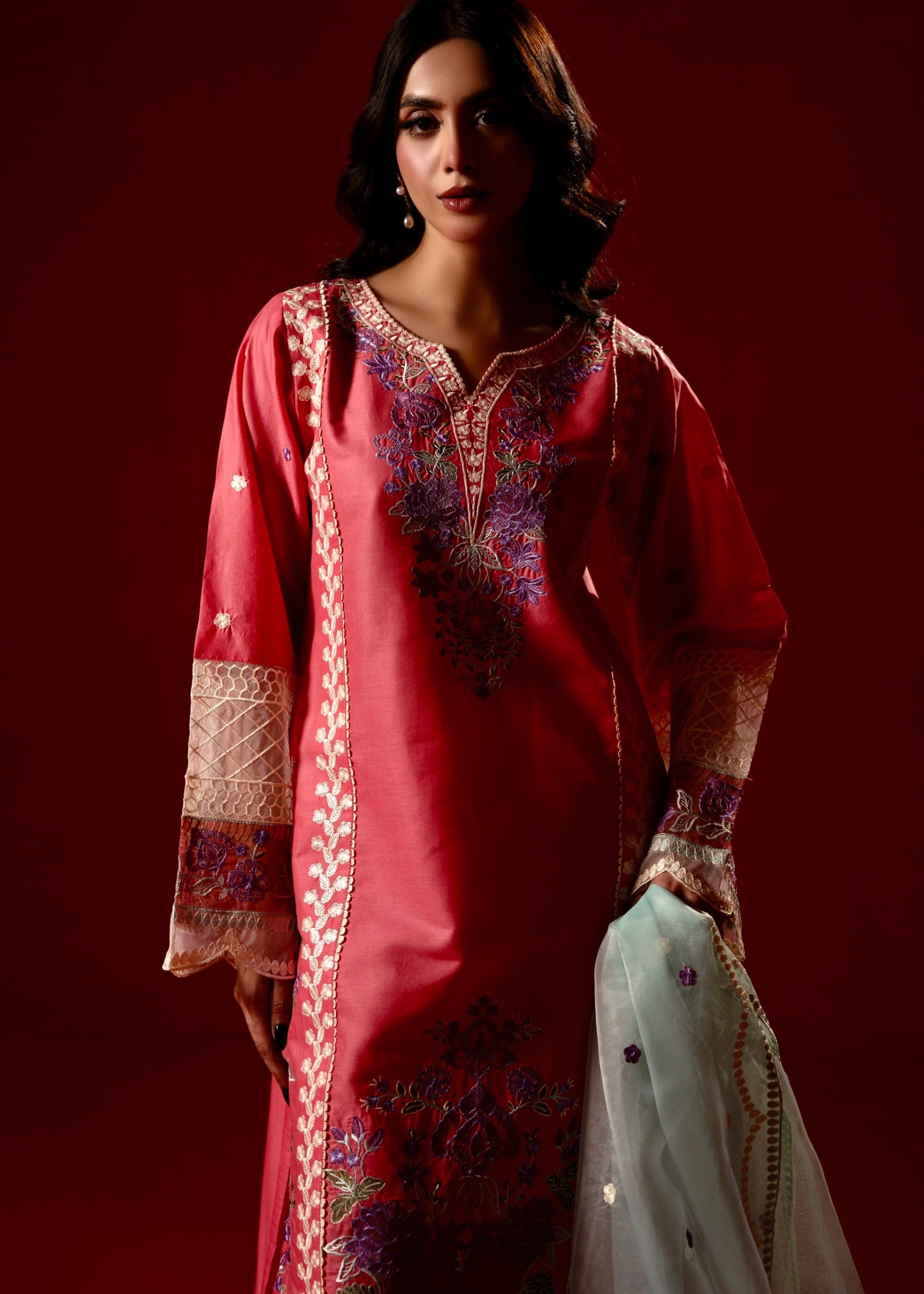 cambric Kurta Set in Salmon pink