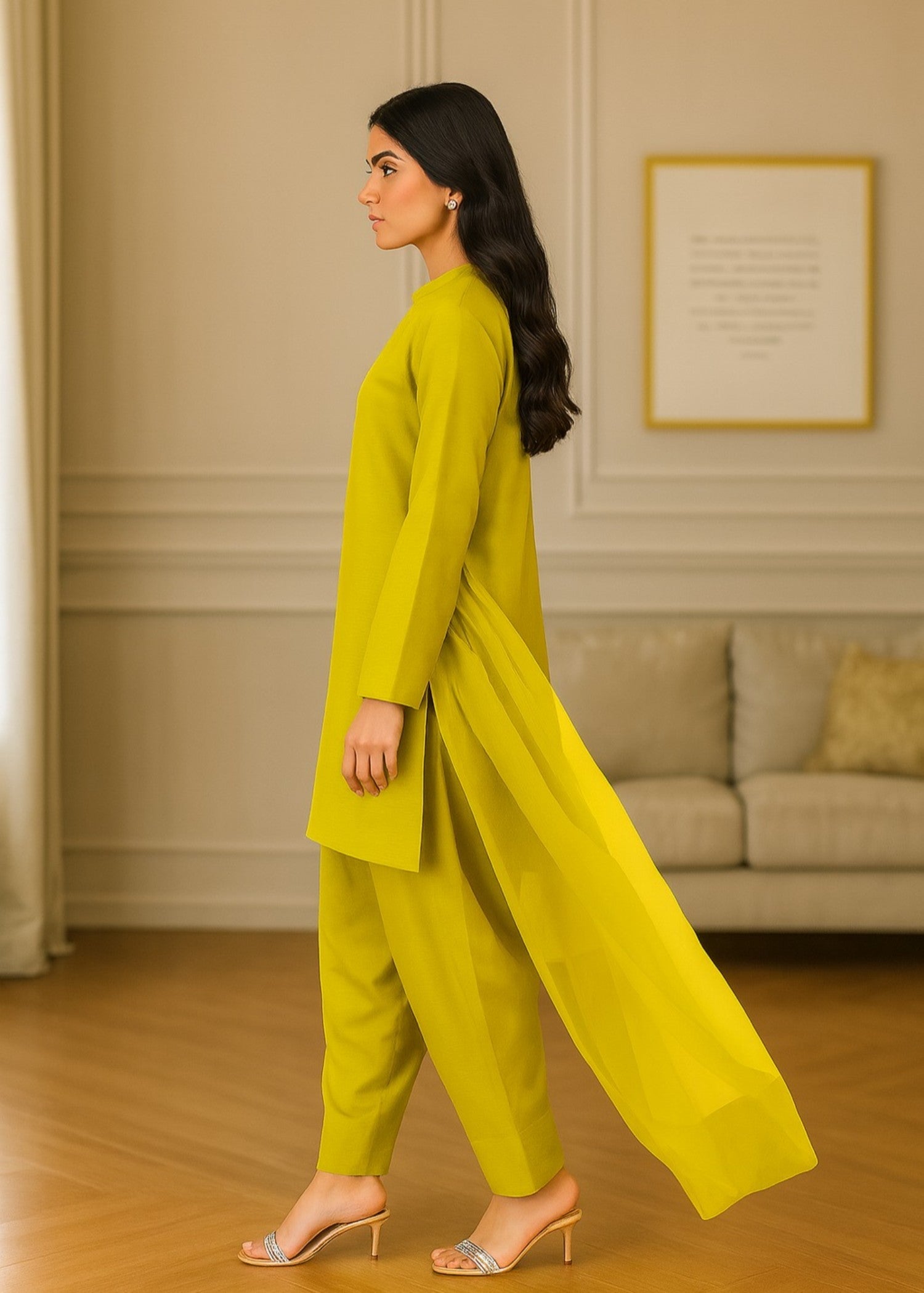 silk Kurta Set in Chartreuse