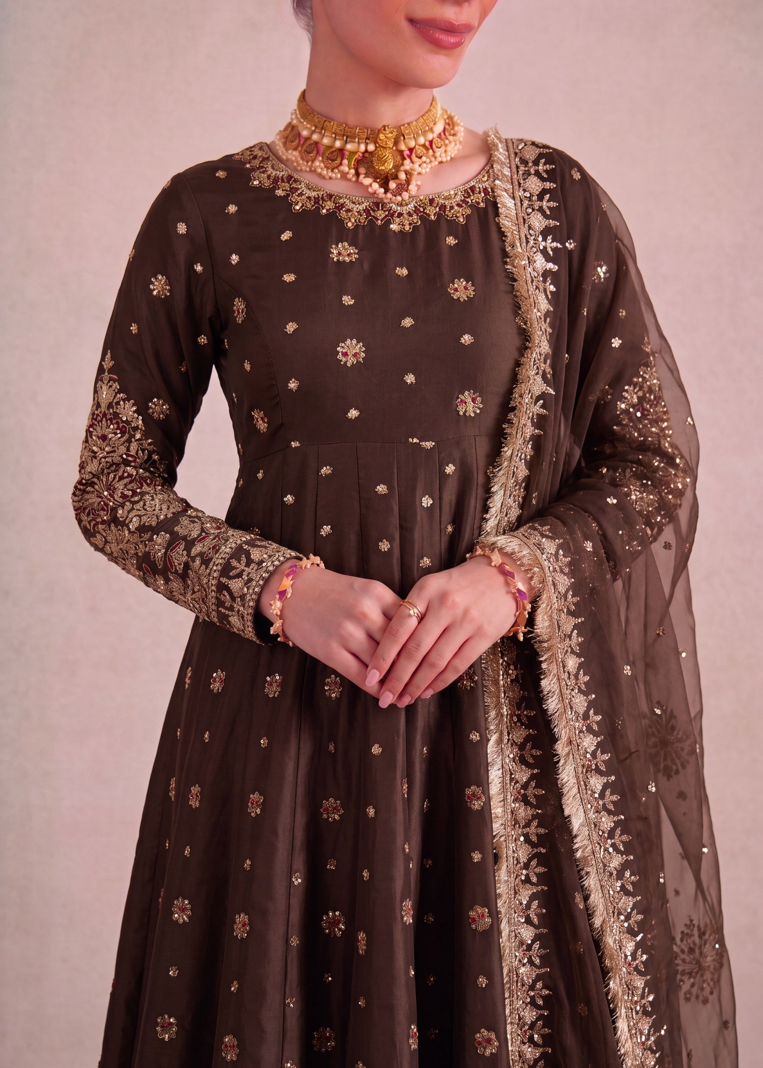 silk Pishwas in Mocha brown