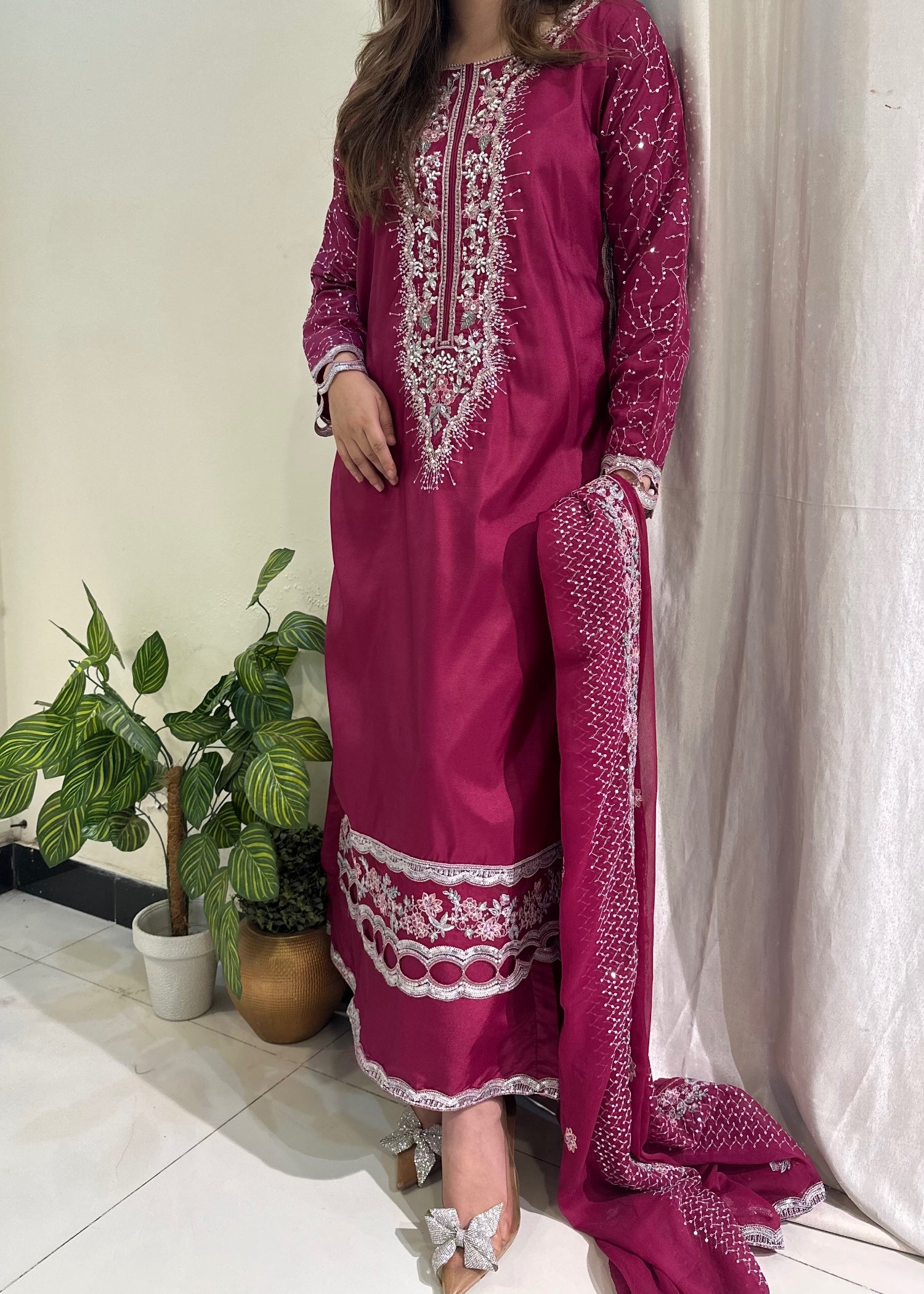 silk Kurta Set in Magenta