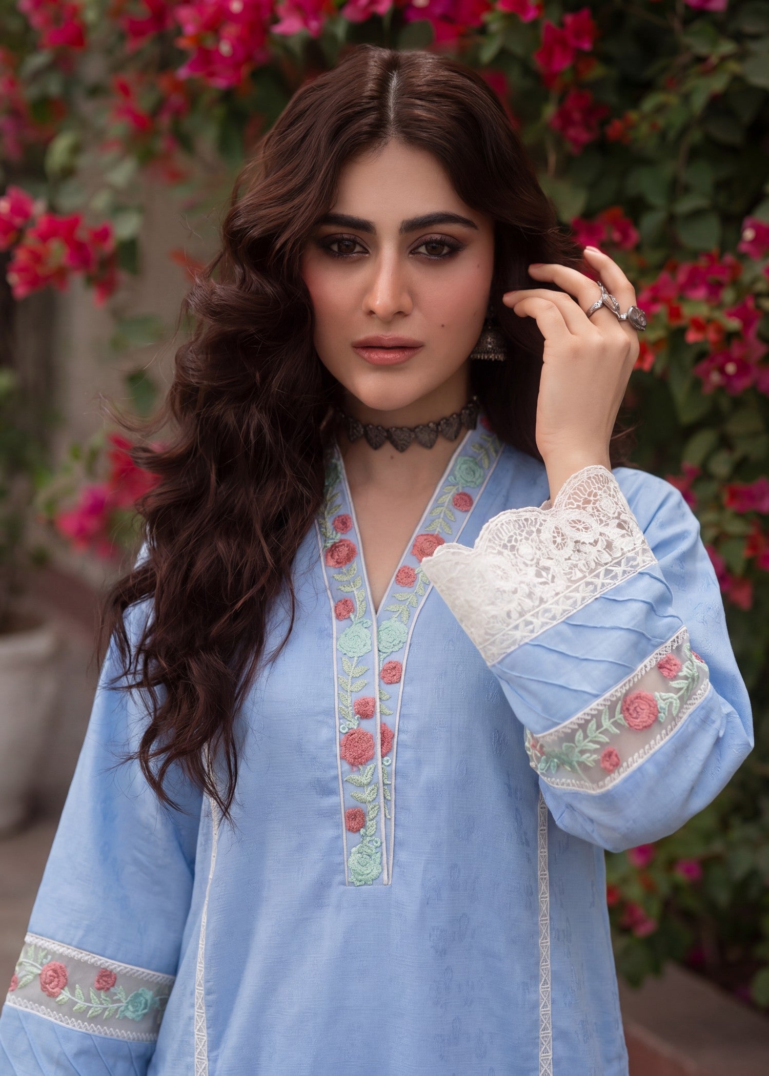 textured lawn Kurta Set in Sky blue