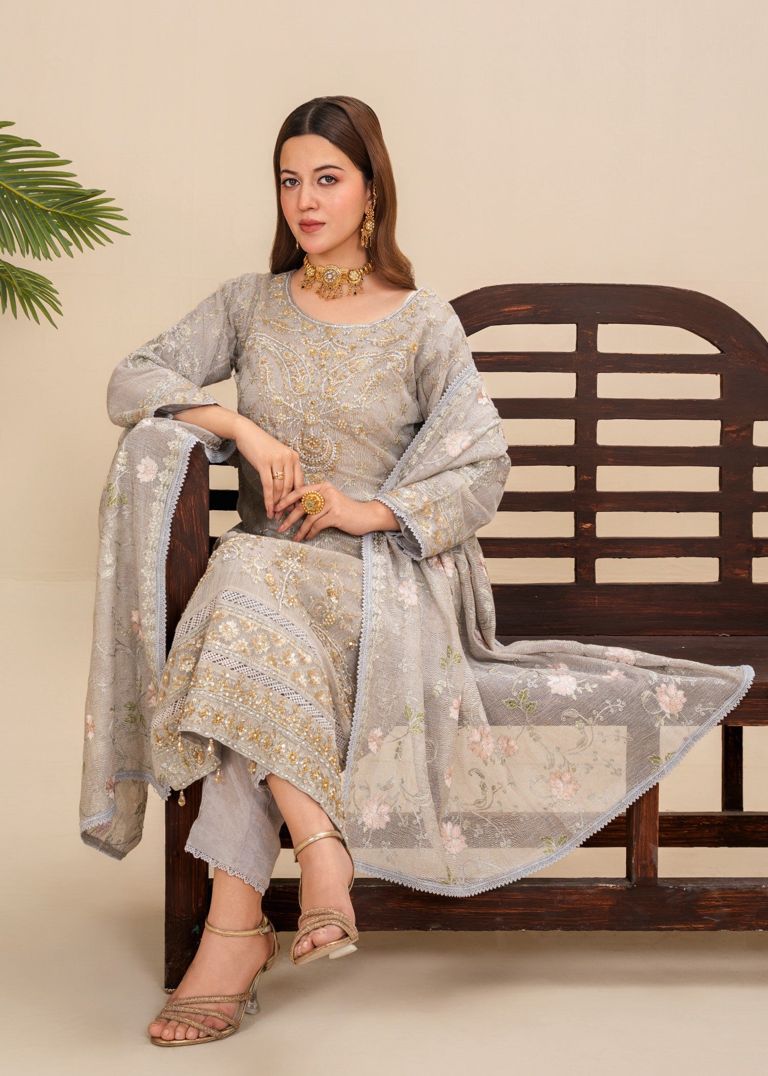 khaddi net Kurta Set in Pastel grey