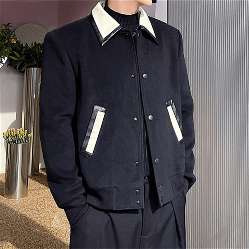 Men'S Wool Contrast Leather Lapel Jacket