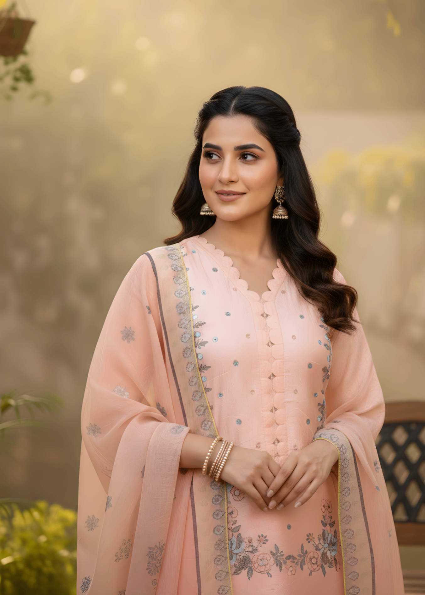 jacquard viscose Kurta Set in Peach pink