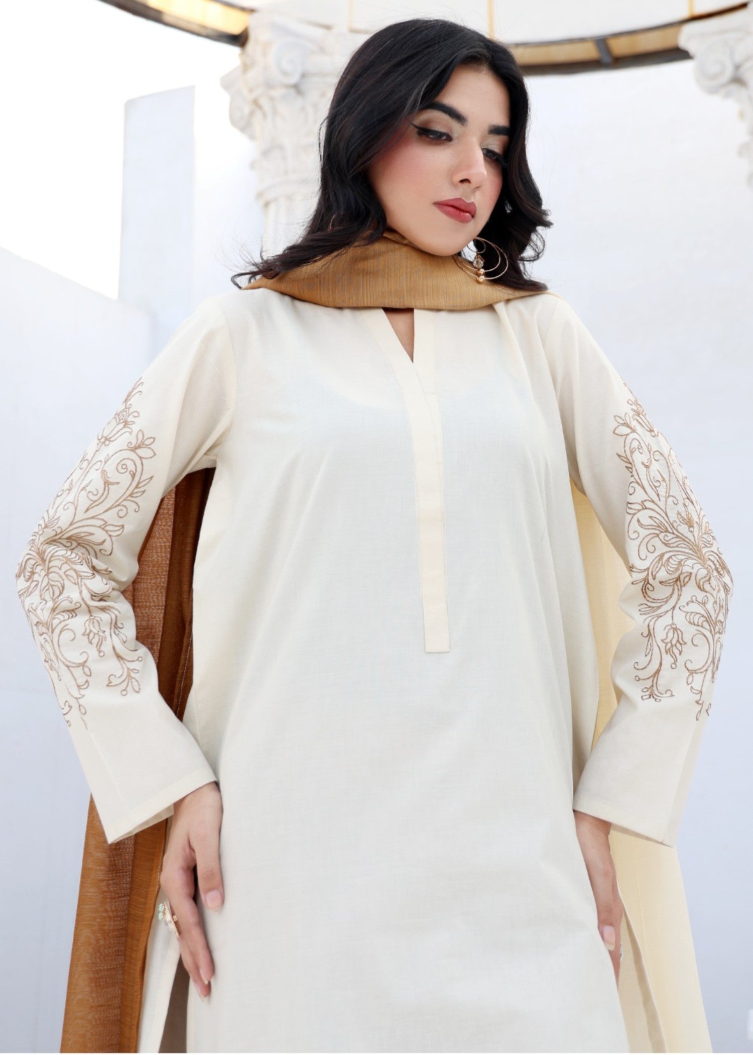 cotton Kurta Set in Off-white, caramel brown
