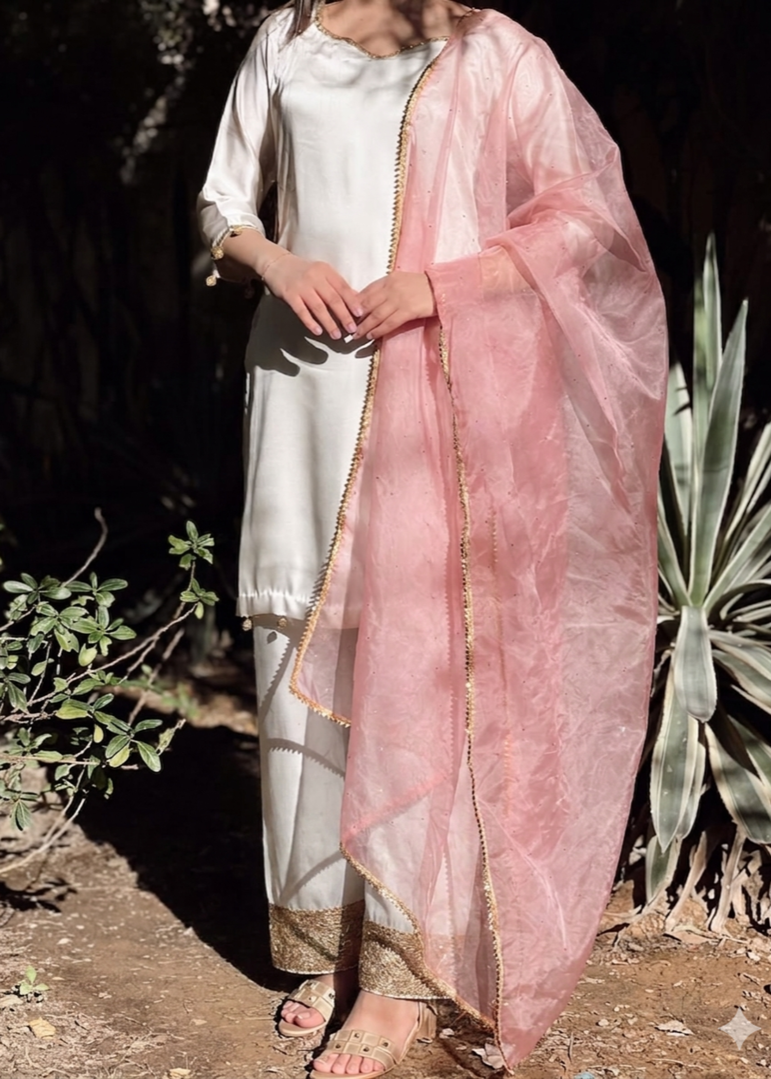 silk Kurta Set in Tea rose pink, floral white
