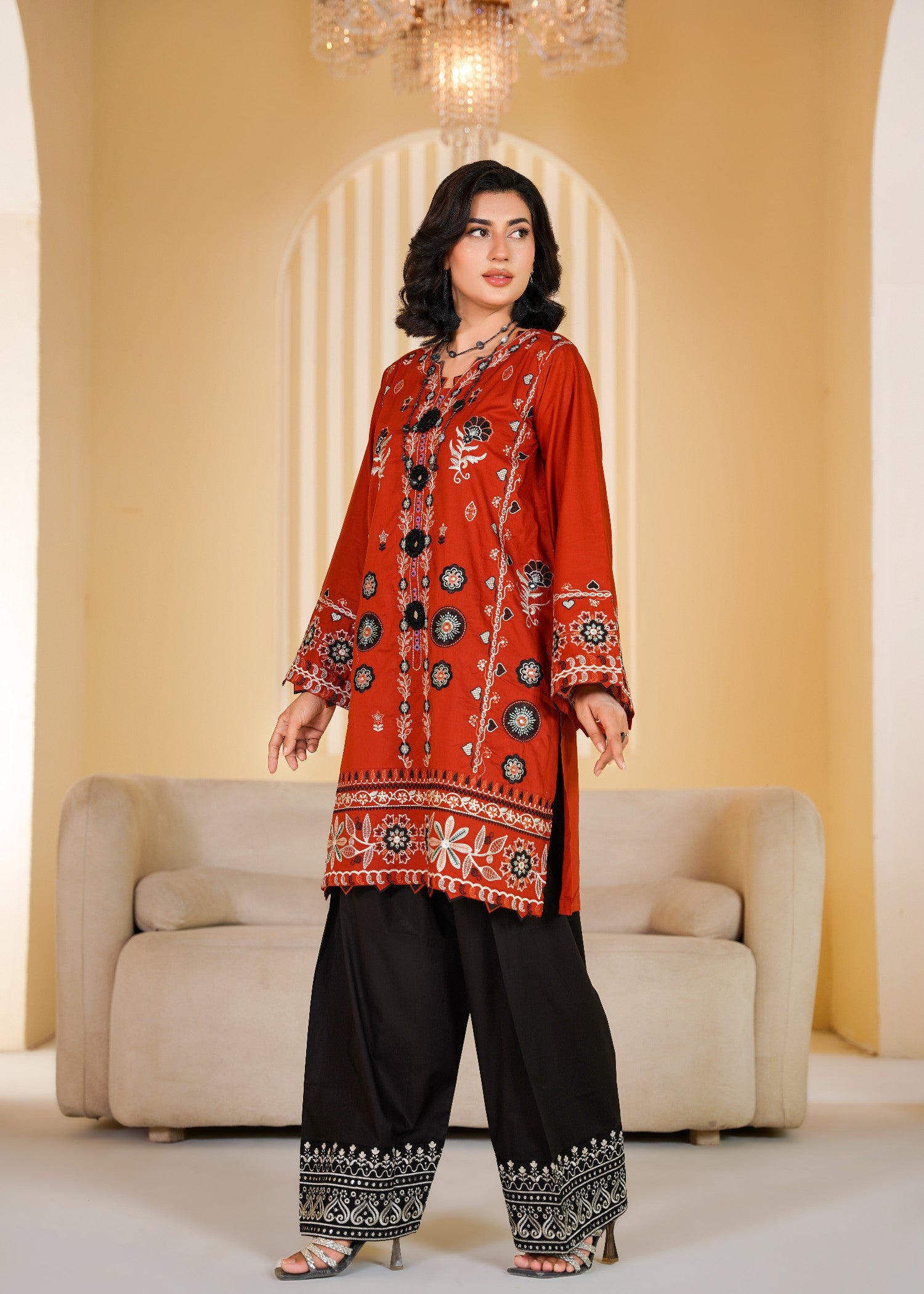 lawn cotton Kurta Set in Rust orange