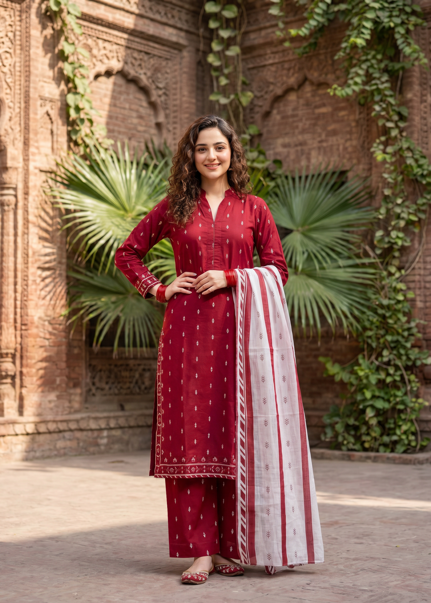 cotton Kurta Set in Rose red