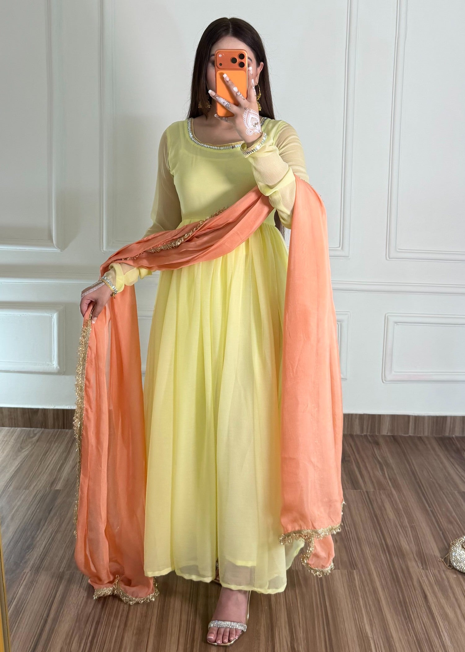 bemberg crinkle chiffon Maxi in Peach pink, pale yellow
