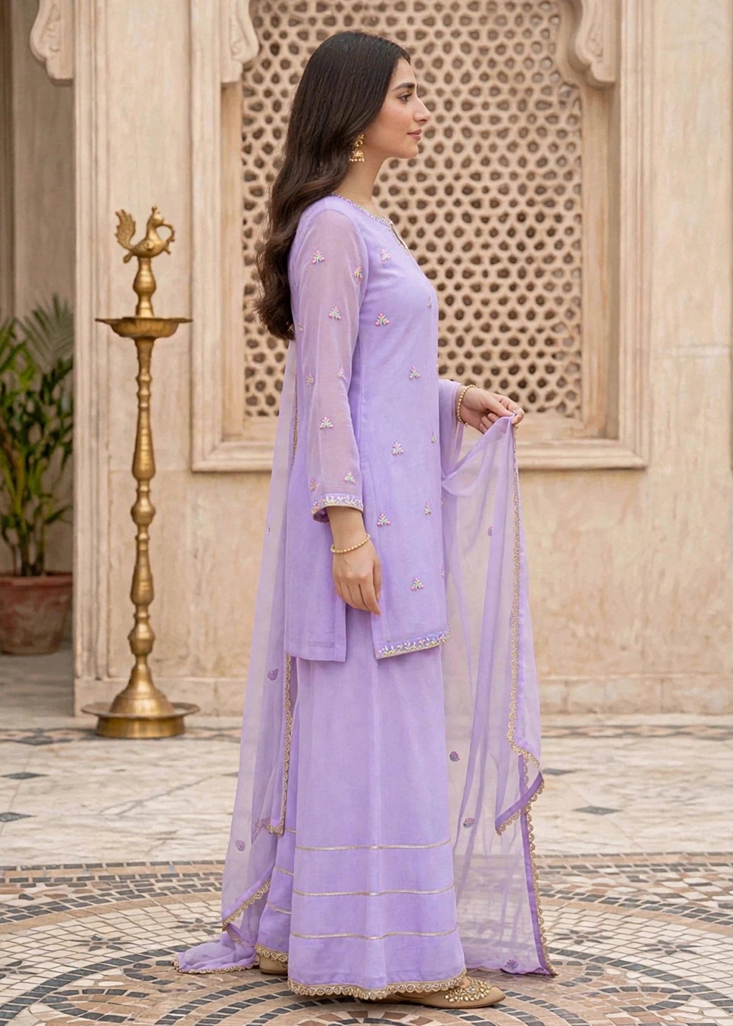 chiffon Gharara in Bright lavender