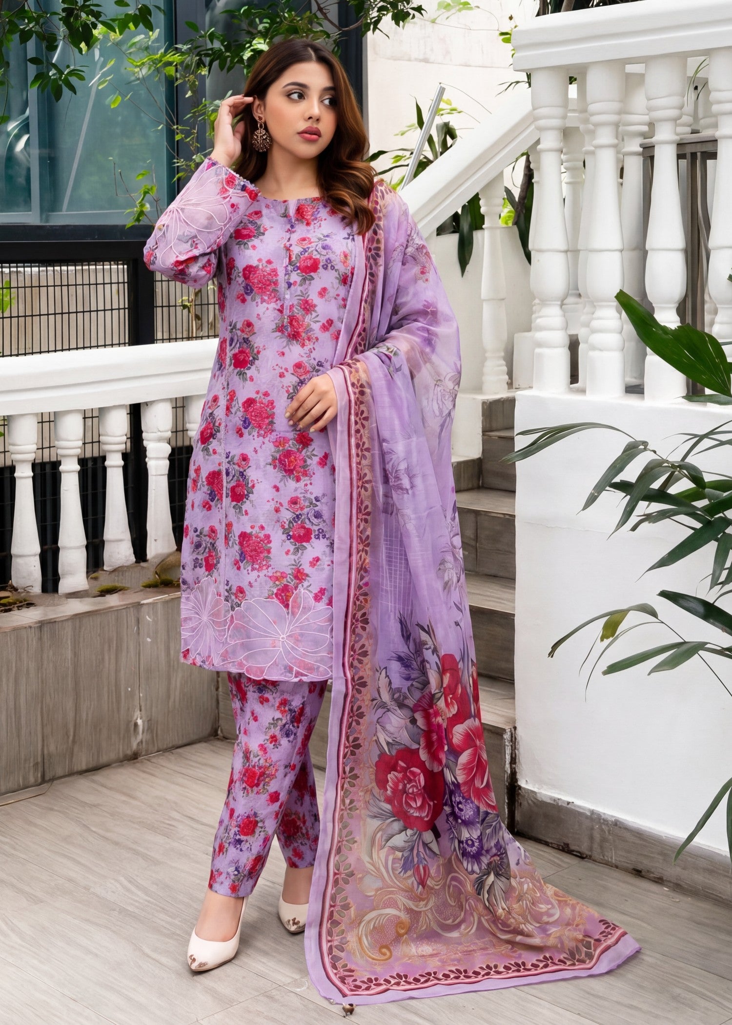 textured lawn Kurta Set in Royal purple