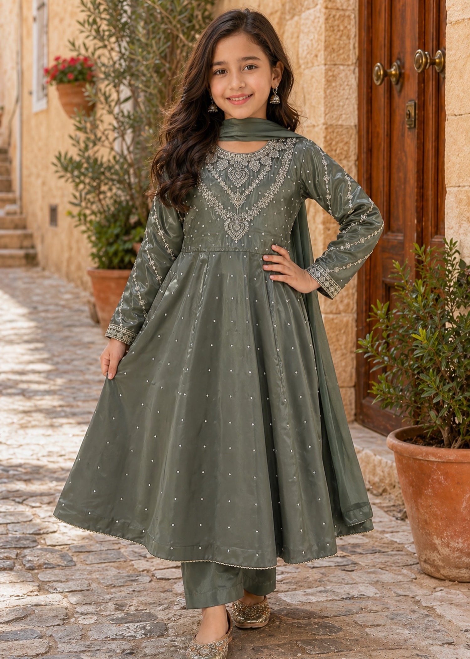 silk Pishwas in Dark grey