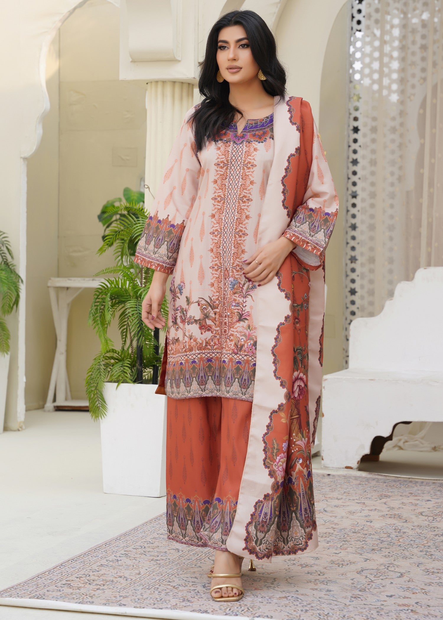 raw silk Kurta Set in Champagne, burnt orange