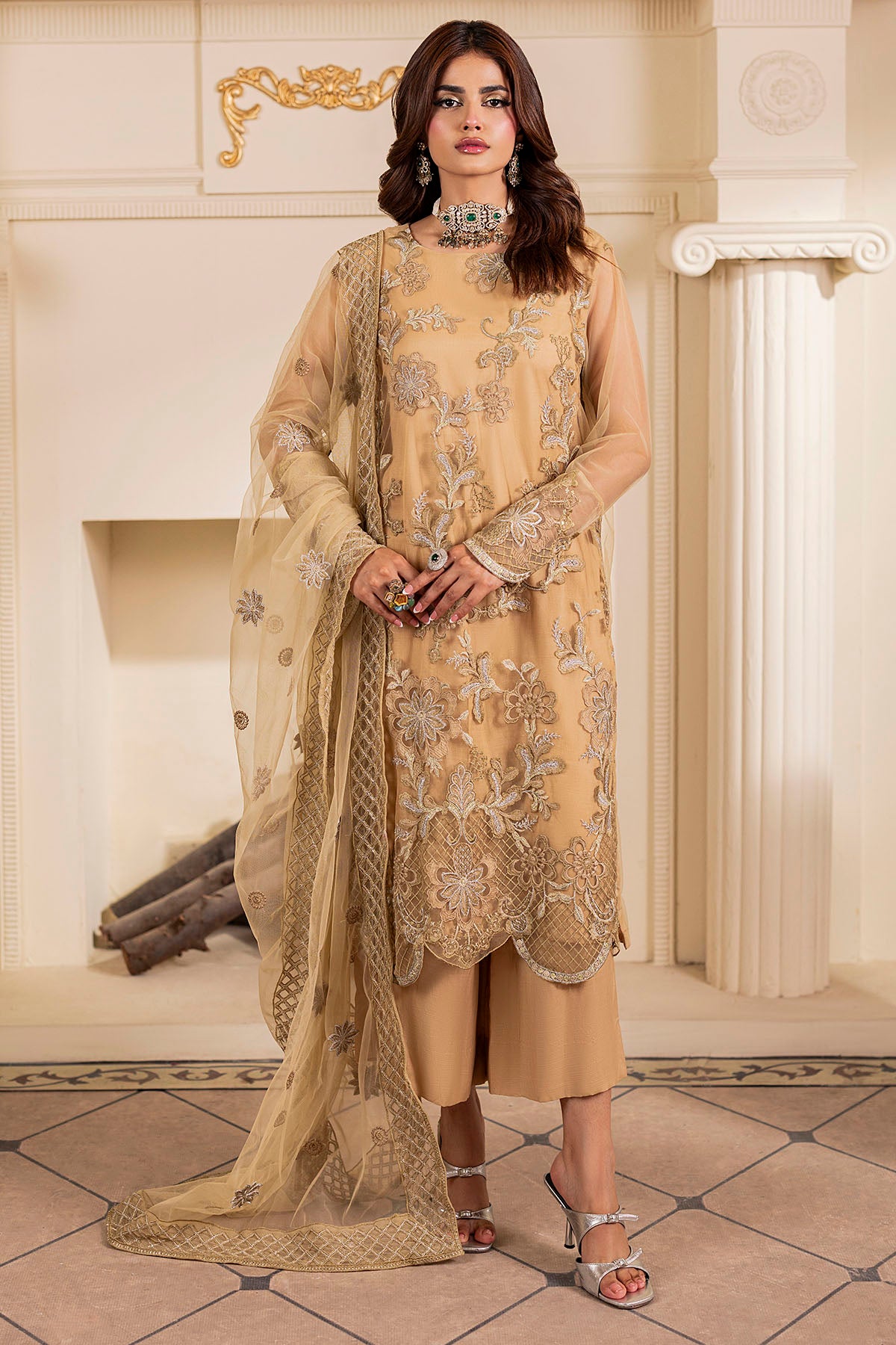 silk cotton net Kurta Set in Camel brown