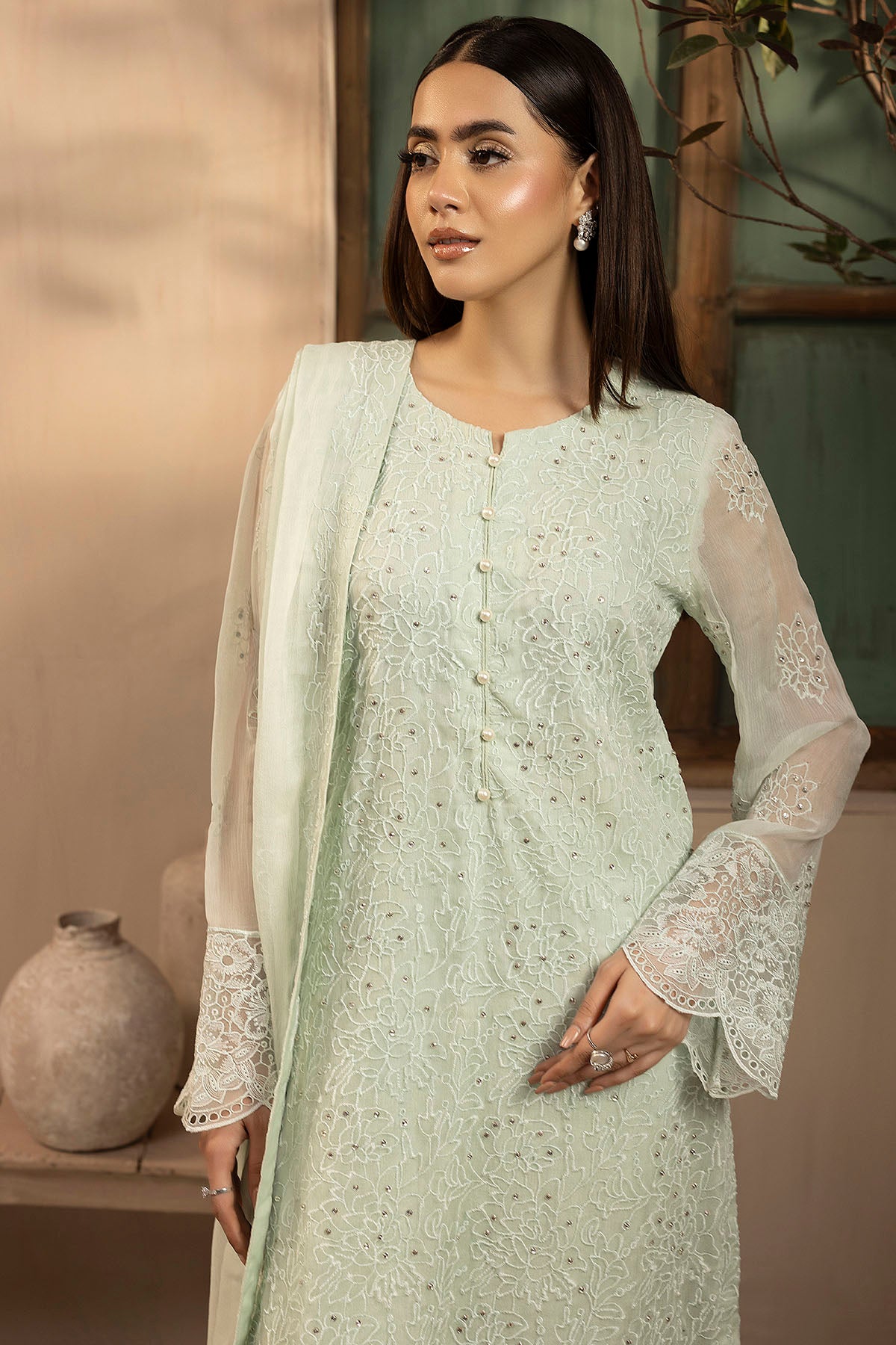 crinkle chiffon Unstitched in Light cyan