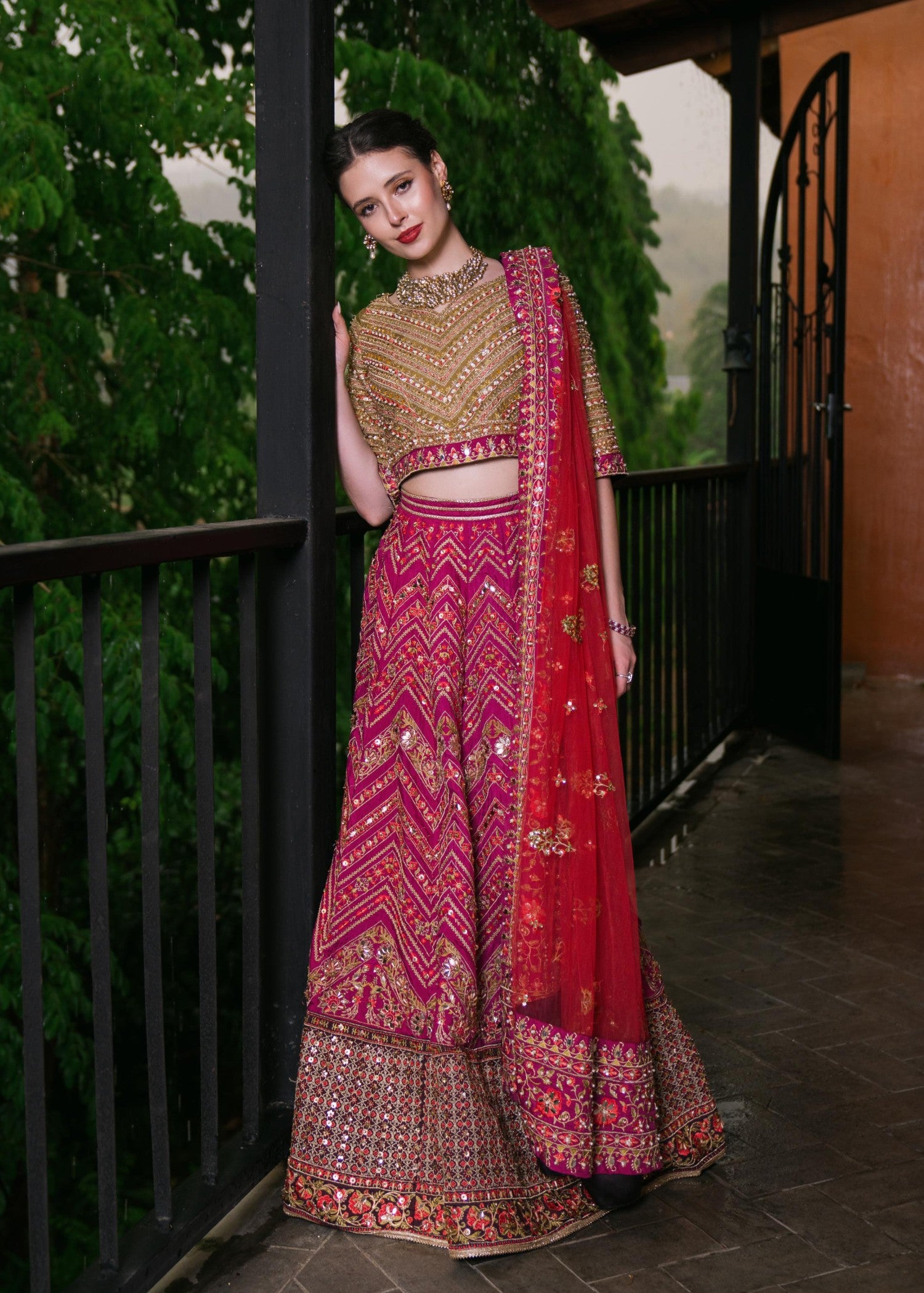 silk Lehenga in Red, plum, green